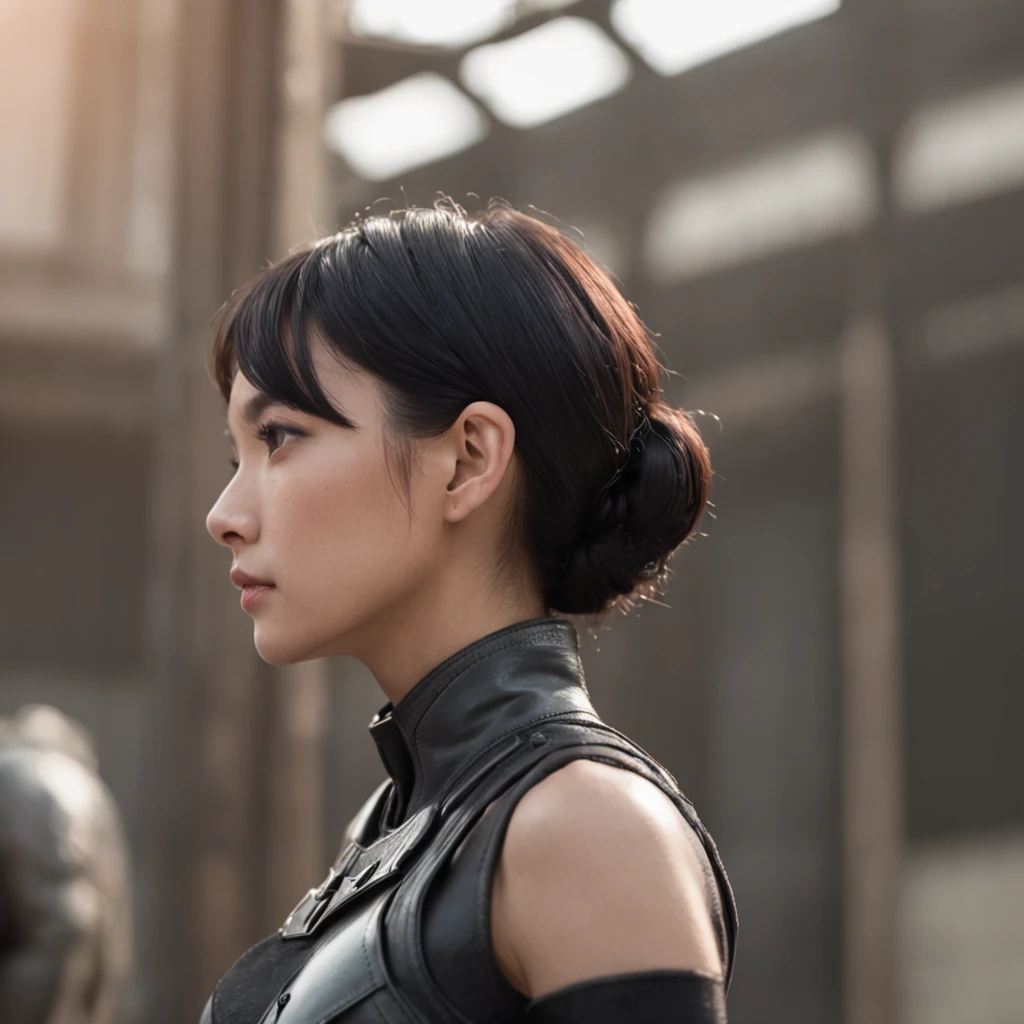 There is an Asian woman, with accurate features, strong jawline, slightly pointed ears, 25 year old, short hair, black hair, dynamic angle shot, No extra ears, neck zoomed in, side view profile centered, wide high angle view, Two pointed ears，Side photo, wearing futuristic military uniform, science fiction movie scene, atmospheric, cinematic, redcam