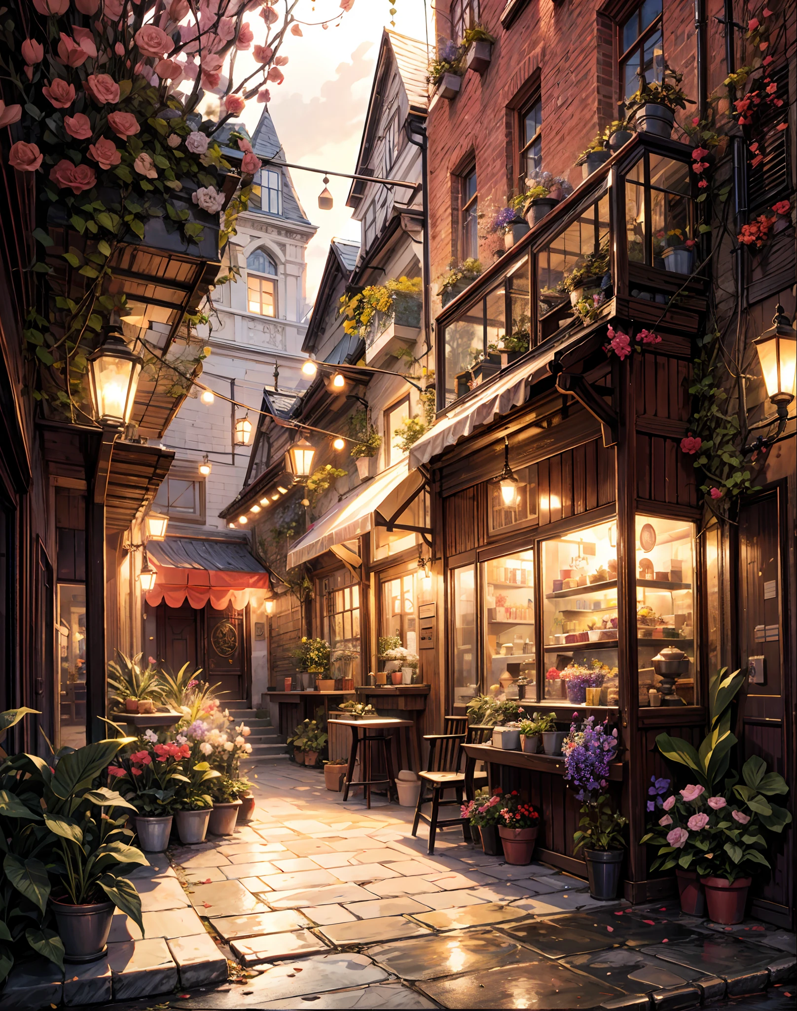 there is a street with many flowers and plants on it, unreal engine ; romantic theme, cozy cafe background, city street cinematic lighting, pleasant cozy atmosphere, gorgeous atmosphere, flower shop scene, magical atmosphere, dreamy atmosphere, beautiful atmosphere, photorealistic streetscape, beautiful render of a fairytale, beautiful digital artwork, beautiful ambience, beautiful ambiance, a bustling magical town