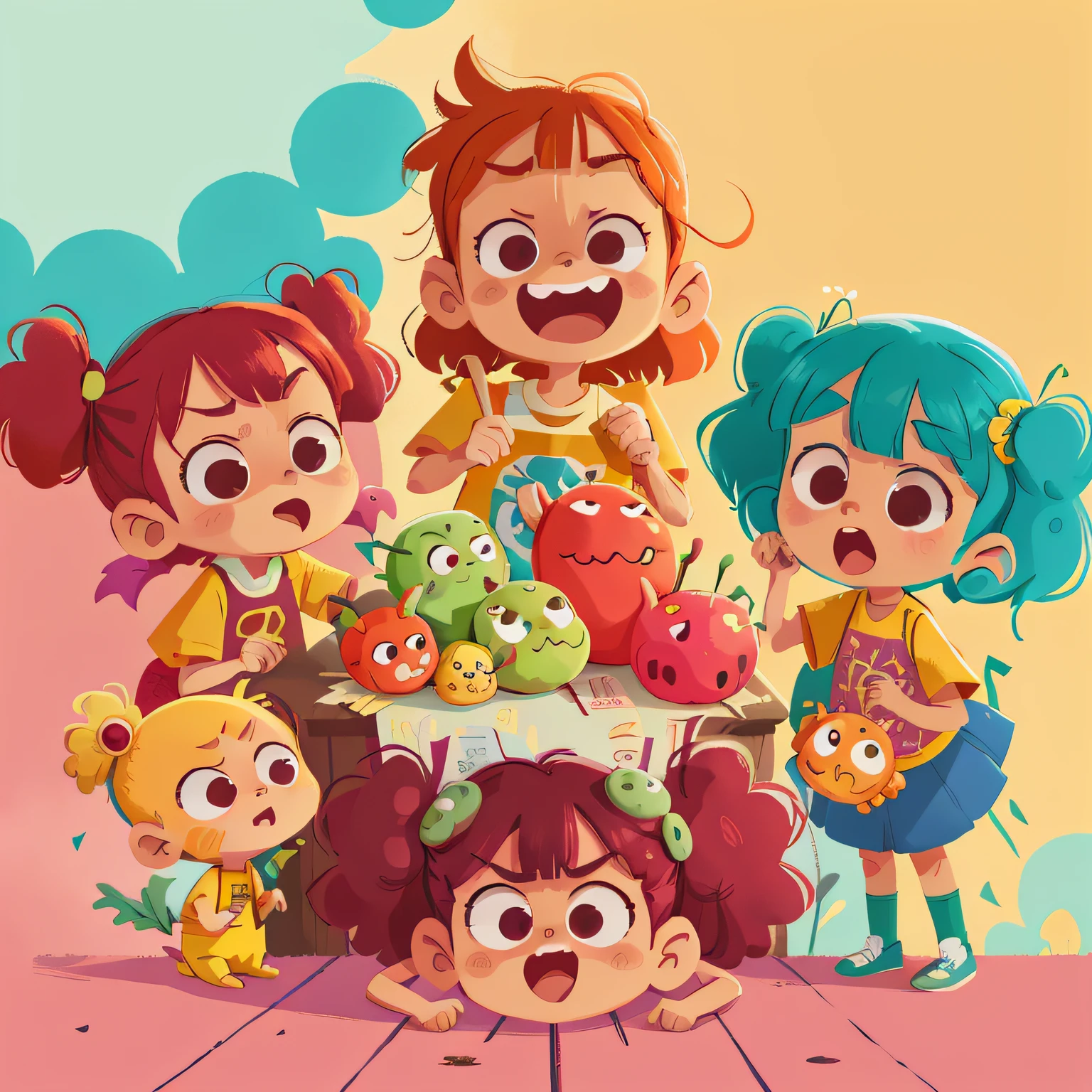 Poster design, (SFW), Four Mean Children, zombando, rindo, xingando e apontando, qualidade perfeita, foco claro, colorido, rosto perfeito, detalhes intrincados, angle of view ultra-low, lente grande angular