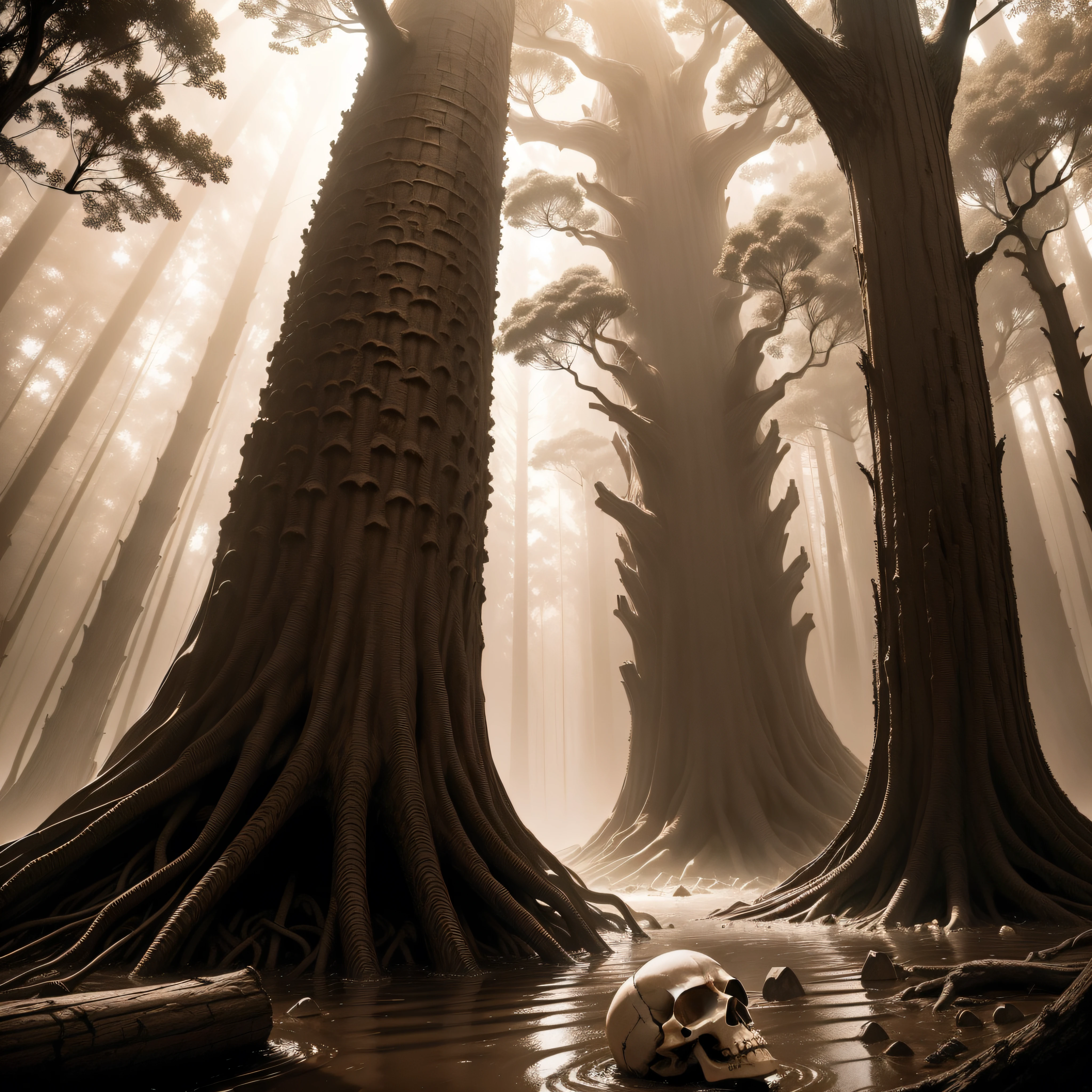 (extremadamente detallado, obra maestra, La mejor calidad, Tono sepia) bosque enorme, Skulls come out of tree trunks, Flooding, ruinas. Daytime Lighting.