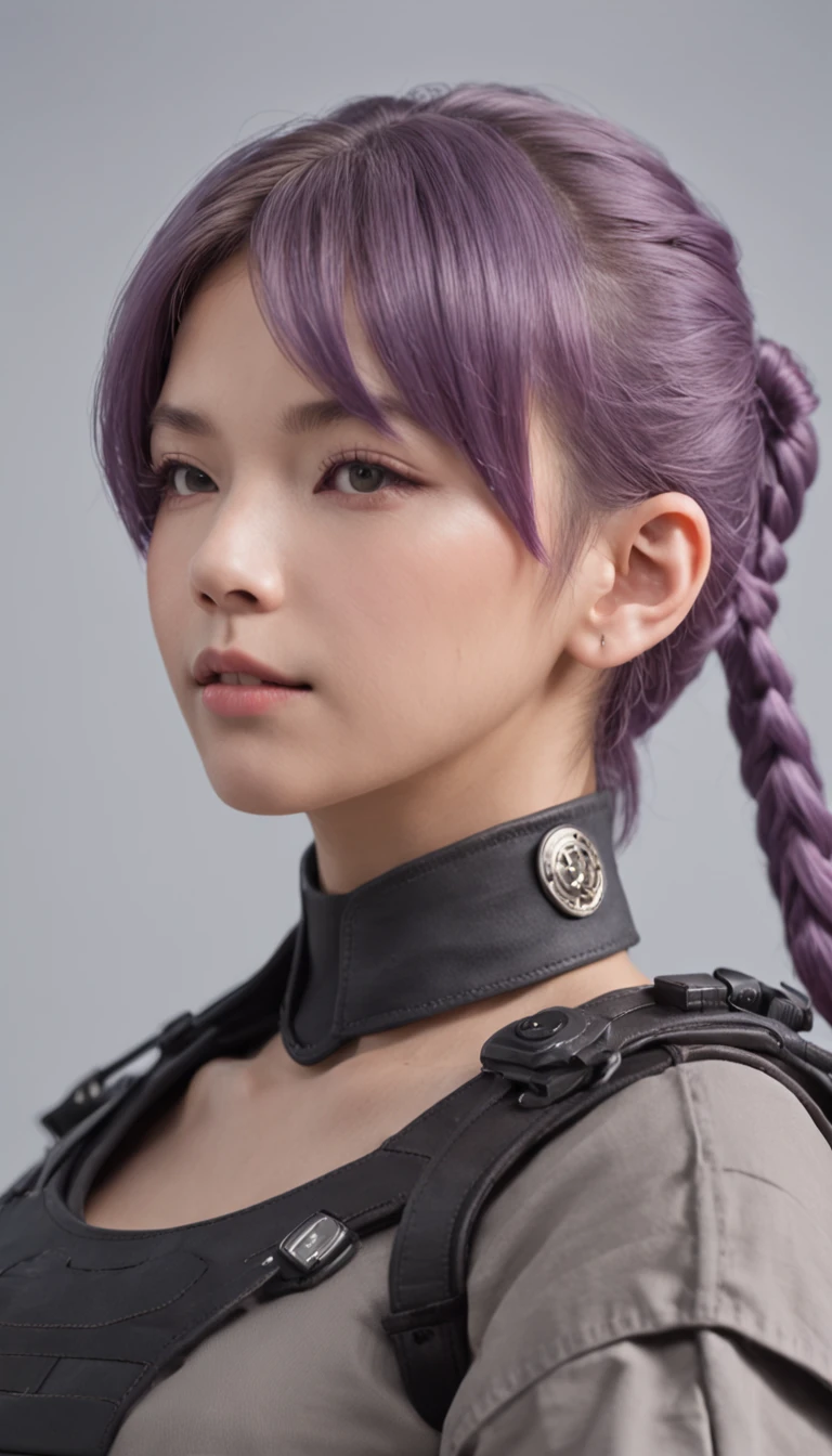 japanese woman, with accurate features, strong jawline, slightly pointed ears, short hair, lavender hair, dynamic angle shot, No extra ears, neck zoomed in, side view profile centered, wide high angle view, Two pointed ears，Side photo, wearing futuristic military uniform, science fiction