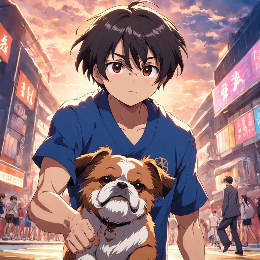 o homem tutor e a sua shih tzu brincavam de correr