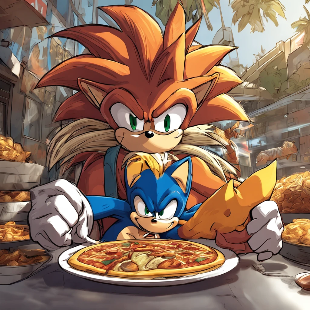 Make a realistic version of the character Goku eating along with Sonic --auto