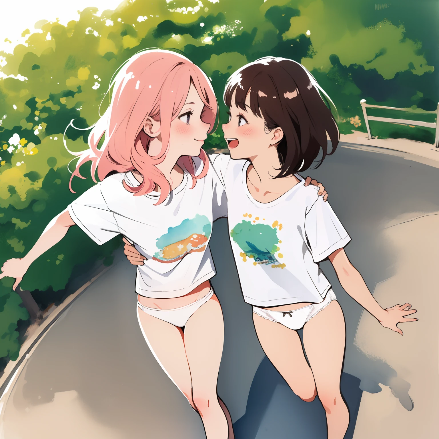 masterpiece, best quality, 2girls, young teen, slim, small breast, t-shirt, (white panties), walk the park, hugging, love, blush, smile, (wide angle, fisheye), (view from above), summer, warm, soft light, bright, watercolor