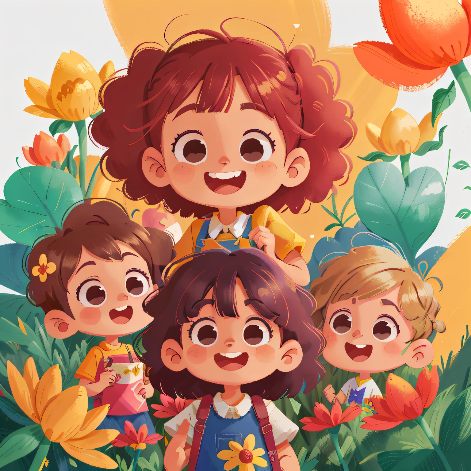 Poster design, (SFW), linda menina pequena, cabelos longos esverdeados, sorridente e feliz, with flowers in your hands, qualidade perfeita, foco claro, colorido, rosto perfeito, detalhes intrincados, angle of view ultra-low, lente grande angular