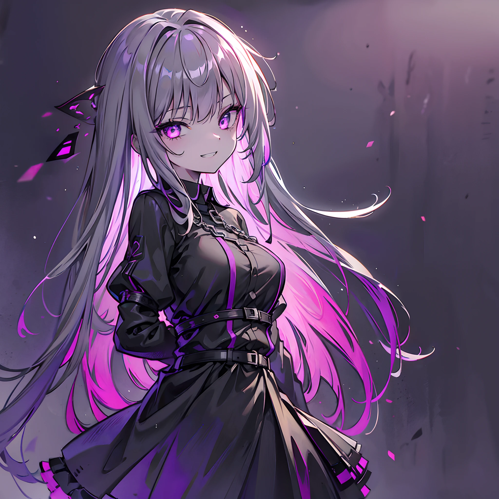 1 girl, wallpaper, whole picture, grey wall background, dark picture, dark alley in background, ruined wall background, asymmetric hair, grey hair, multicolored hair, long hair, medium breasts, psycho smile, evil_smile, dark purple eyes, view from the side, looking at viewer, long chain shackles, neon lights in background, , grin, ruffled hair, black dress