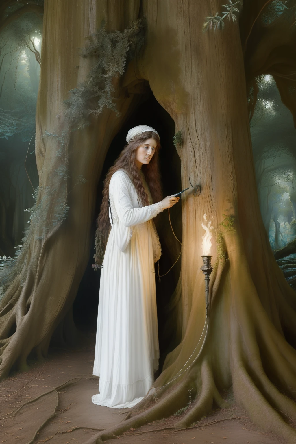 (((Pre-Raphaelite painting of an old druid, grandma, dressed in white with a torch in hand in the hollow of an old yew tree,paisagem celta)))