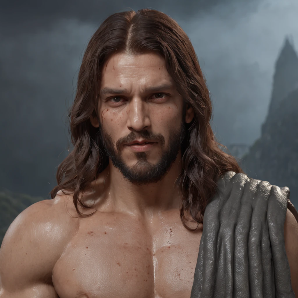 (Professional 3D rendering:1.3) de (Realistic:1.3) Foto de arte mais bonita do mundo，Apresenta jesus cristo suaves e brilhantes, ((Epic hero fantasy rough muscular man wet hero angry look long hair short beard and fierce expression in dynamic pose, fantastic location, majestoso ambiente desordenado)), corpo inteiro 8k unidade render, action shot, poros da pele, very dark lighting, sombreamento pesado, circunstanciado, Rosto detalhado, (vibrante, fotogrdeia realista, Realistic, Dramatic, Escuro, foco nítido, 8k), (Old leather clothes damaged by bad weather:1.4), ((((Use peles)))), (intrincado:1.4), decadente, (altamente detalhado:1.4), pintura digital, rendering by octane, art stations, Conceito-Arte, liso, foco nítido, illustration, germe da arte, (Loish:0.23), Wlop Ilya Kuvshinov, e Greg Rutkowski e Alphonse Mucha Gracias, (global ilumination, studiolight, Light Volumetric), chuva forte, floating particles, patife, fantasia, Onze, corpo inteiroesbian, ((Fundo escuro e antigo da cidade:1.3)),CGSesociedade,art stations