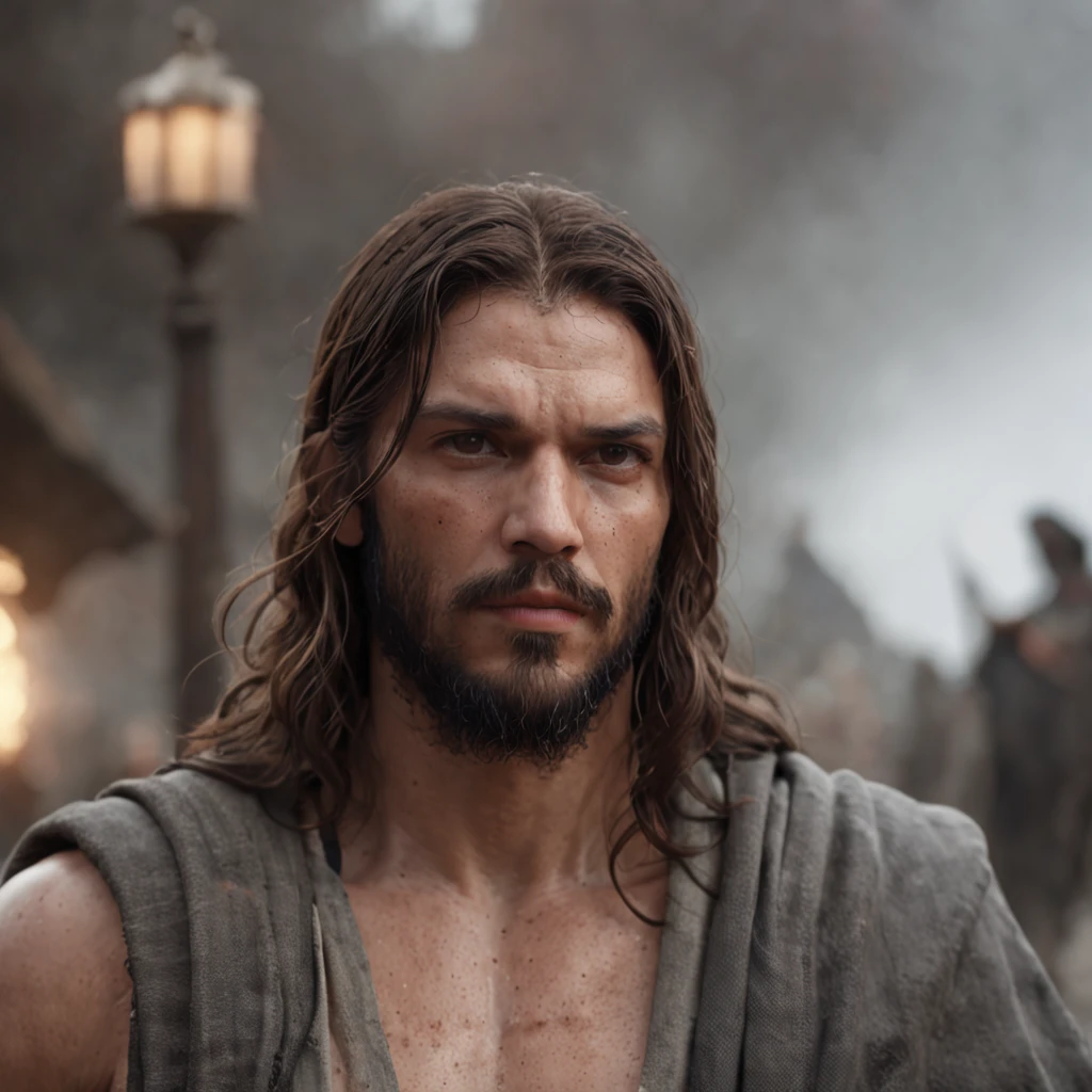 (Professional 3D rendering:1.3) de (Realistic:1.3) Foto de arte mais bonita do mundo，Apresenta jesus cristo suaves e brilhantes, ((Epic hero fantasy rough muscular man wet hero angry look long hair short beard and fierce expression in dynamic pose, fantastic location, majestoso ambiente desordenado)), corpo inteiro 8k unidade render, action shot, poros da pele, very dark lighting, sombreamento pesado, circunstanciado, Rosto detalhado, (vibrante, fotogrdeia realista, Realistic, Dramatic, Escuro, foco nítido, 8k), (Old leather clothes damaged by bad weather:1.4), ((((Use peles)))), (intrincado:1.4), decadente, (altamente detalhado:1.4), pintura digital, rendering by octane, art stations, Conceito-Arte, liso, foco nítido, illustration, germe da arte, (Loish:0.23), Wlop Ilya Kuvshinov, e Greg Rutkowski e Alphonse Mucha Gracias, (global ilumination, studiolight, Light Volumetric), chuva forte, floating particles, patife, fantasia, Onze, corpo inteiroesbian, ((Fundo escuro e antigo da cidade:1.3)),CGSesociedade,art stations