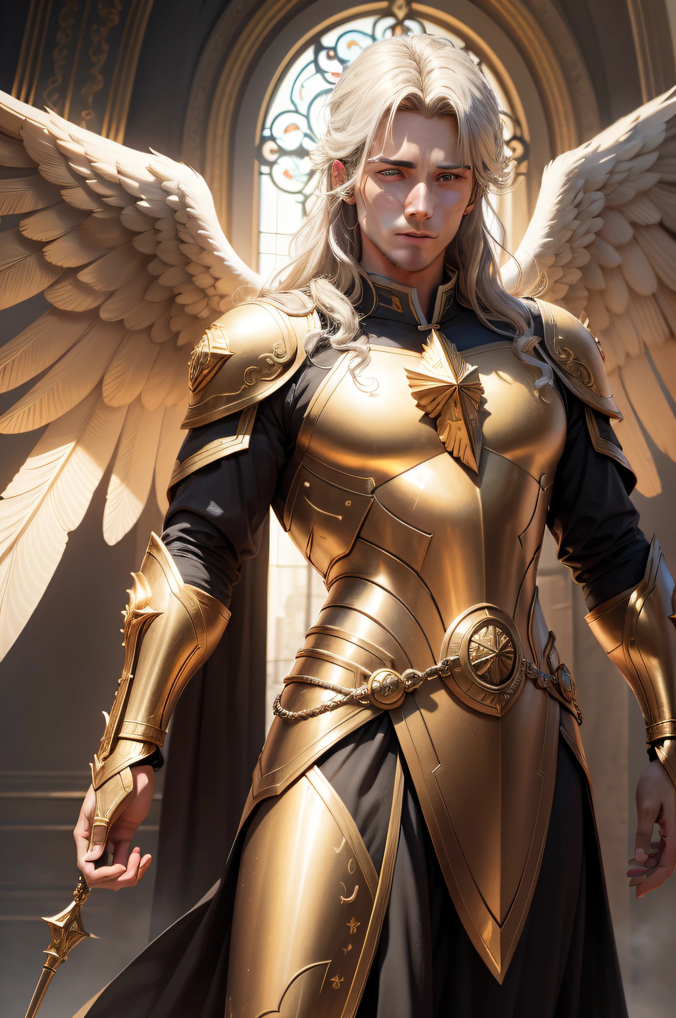 archangel Michael male of god, male archangel, The angel of God's army, Golden Army, Detailed face, army, flawless face, Normal face, storm, Towards the Heavens, celestial, divine, photorealistic, rendered, 4k, 8k, detailed textures , detailed shadows, decent, detailed colors, male archangel of god, Realistic contrast, Photorealistic textures, detailed colors, realistic colors, detailed shadows,