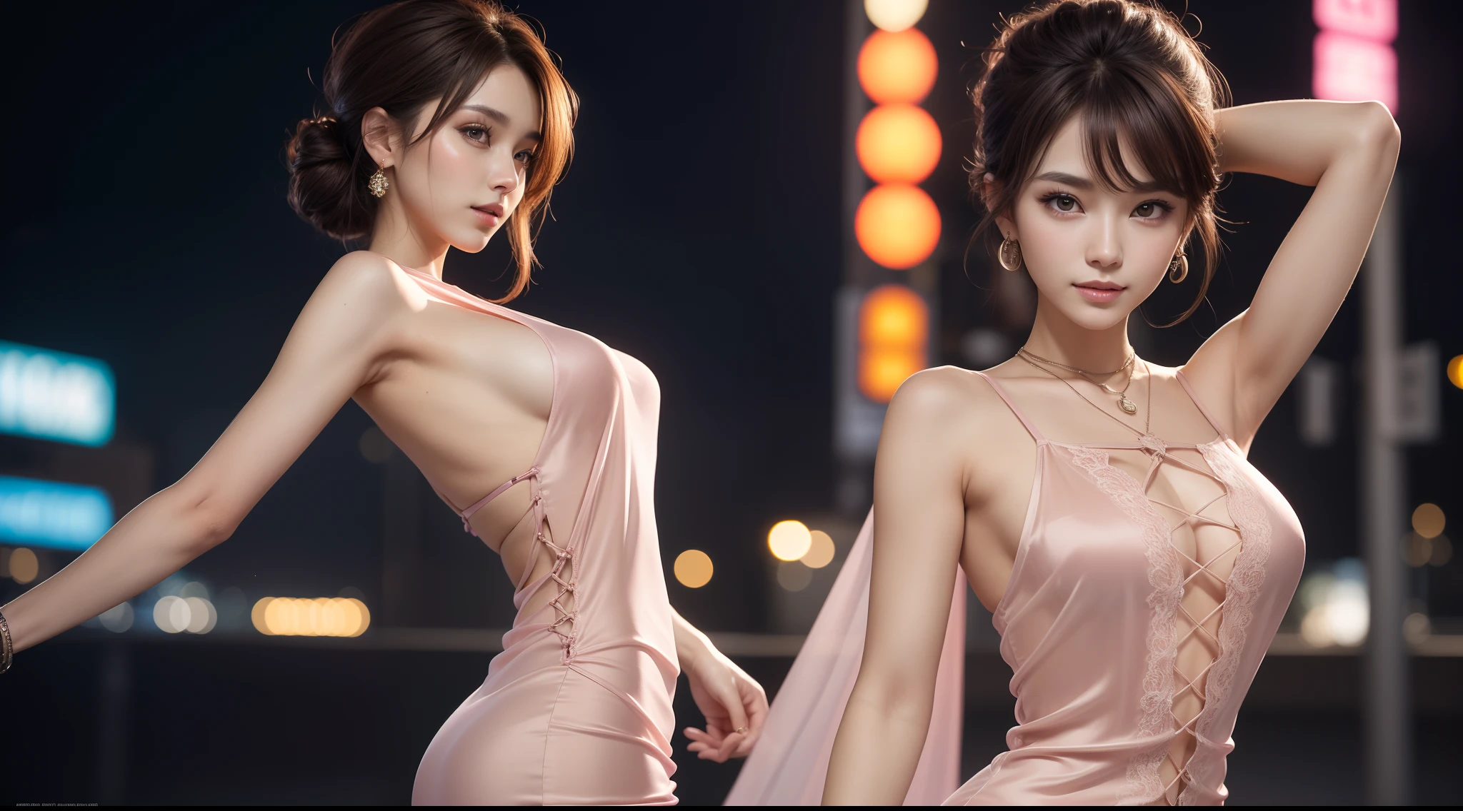 8K, Masterpiece, RAW photo, Best quality, Photorealistic, Extremely detailed Cg Unity 8K wallpaper, Depth of field, Cinematic light, Lens flare, Ray tracing, (Extremely beautiful face, Beautiful lips, Beautiful eyes), intricate detail face, ((ultra detailed skin)) 1girll, In the dark, deepshadow, Pretty Korean girl, Kpop idol, 1 girl, (Very slim and slender muscular body:1.3), ((view the viewer)),(Big smile:1.3), (Pink shirt), (Sleeveless) , (Fashion night, Dark night, (neon lights sign), (Blurred background), Fashion Street Night),(No one is in the background:1.3), Beautiful earrings, bangle, necklace, Pantyhose, Clear eyes, Walking, (Pale skin), (Big eyes), Face forward, ((upperbody shots)), ((Silk dress:1.3)),(brown hairs),((Tight lace-up dress)), (see through), (view the viewer:1.3) open breast, Very slim, Medium breasts, Turn Back,((Back shot)), see through, medium ass, Mini skirt, updo hair, ((spread thighs))