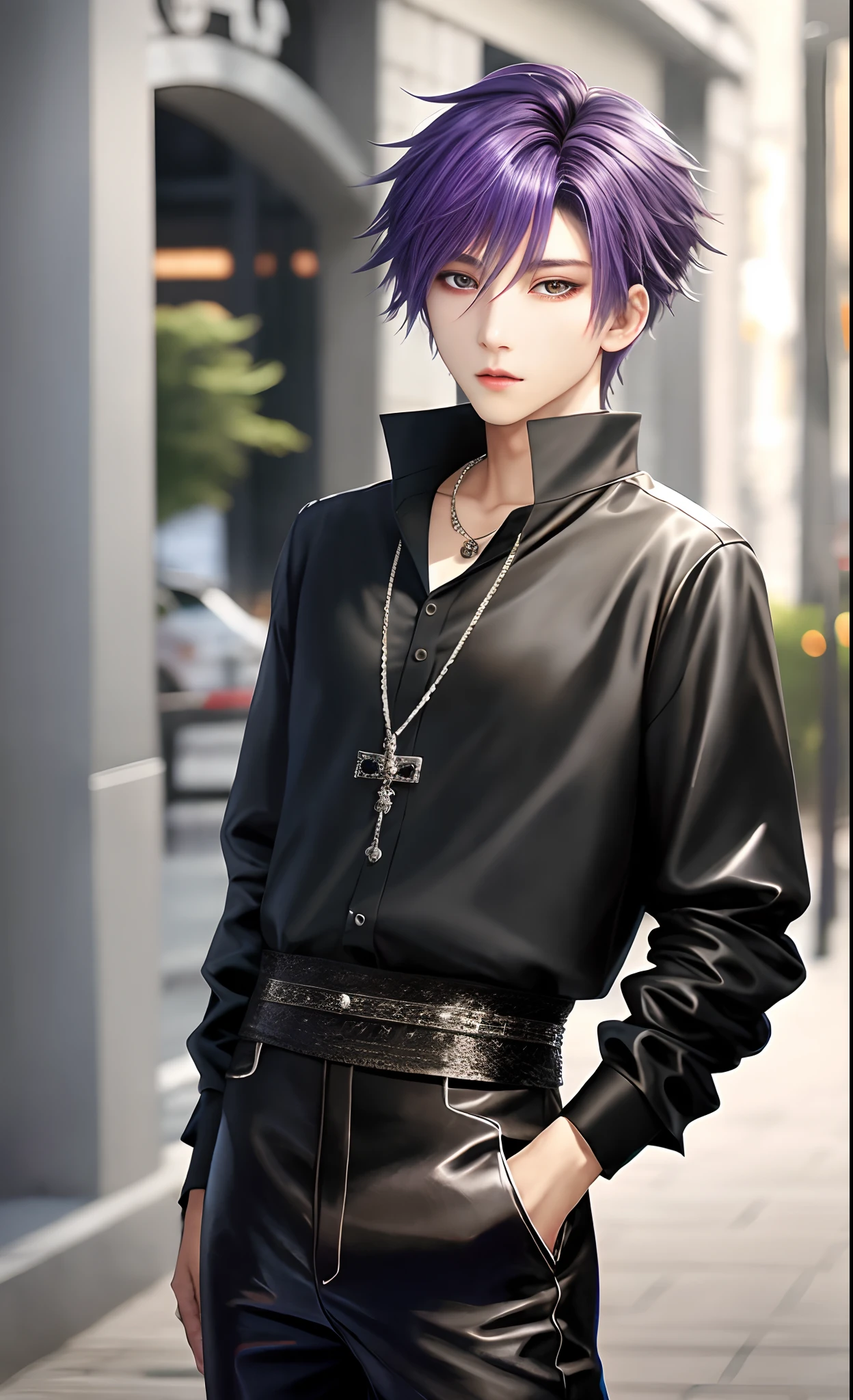 Autograph session, Idol Photos, Professional Photos, shot from back, Photographed so that the whole body can be seen, shot from back, At Fed Man with Necklace, inspired by Sim Sa-jeong, androgynous vampire, :9 detailed face: 8, extra detailed face, detailed punk hair, ((Gray)) baggy eyes, Seductive. Highly detailed, semi realistic anime, Vampires, hyperrealistic teen, delicate androgynous prince, imvu, Bright purple hair, Gray eyes, Black Casual Korean Men's Fashion((Plain clothe)), Pen in one hand, Hiding both eyes with bangs, I can't see both eyes with bangs, Long bangs, short hair above the ears, Glaring expression, Wild look, looking distantly, high-level image quality, ​masterpiece, ((1 male human))