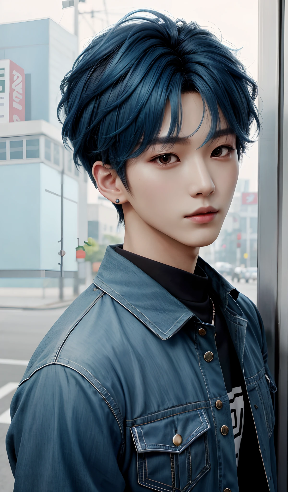 On the way to work, Idol Photos, Photos of actors, Professional Photos, extra detailed face, detailed punk hair, very detailed character, inspired by Sim Sa-jeong, single realistic face, Cai Xukun's, detailed realistic faces, highly detailed realistic face, high detailed face anime, realistic detailed face, Accurate detailed face, attractive androgynous humanoid, Black casual Korean men's fashion, lightblue hair, short hair above the ears, Sleepy look with a gentle expression, high-level image quality, ​masterpiece, Photographed so that the whole body can be seen, Photographed to make clothes look beautiful, Take your eyes off,