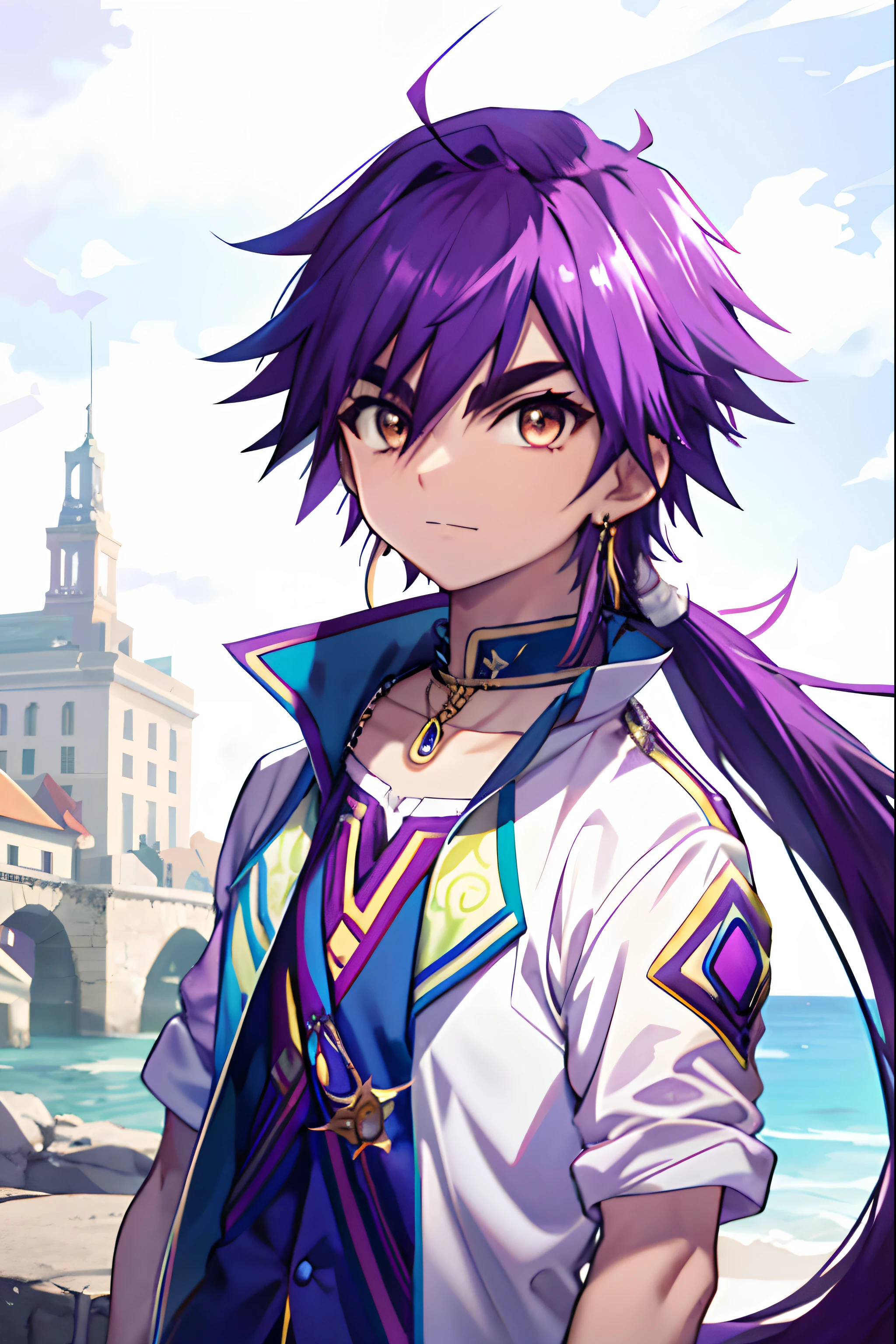 Masterpiece, Best quality, High quality, 1boy, Solo, Male focus, view the viewer, Upper body, Sinbad_maggie, Purple hair, jewelry, Long hair, Brown eyes, pony tails,