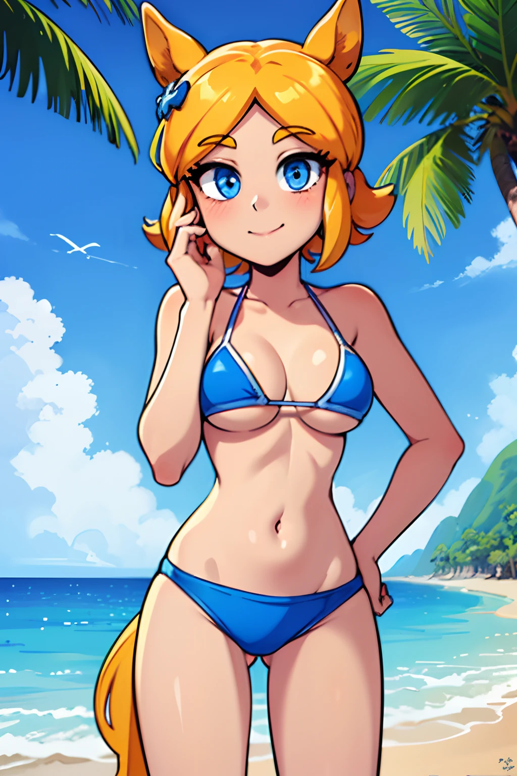 (masterpiece, Best Quality: 1.2), cowboy shot, solo, 1 girl, piper, smile, looking at viewer, (hand on own cheek: 1.2), blonde hair, horse tail, blue bikini, medium boobs, (hip width: 1.2), standing, perfect eyes, blue eyes, beach,