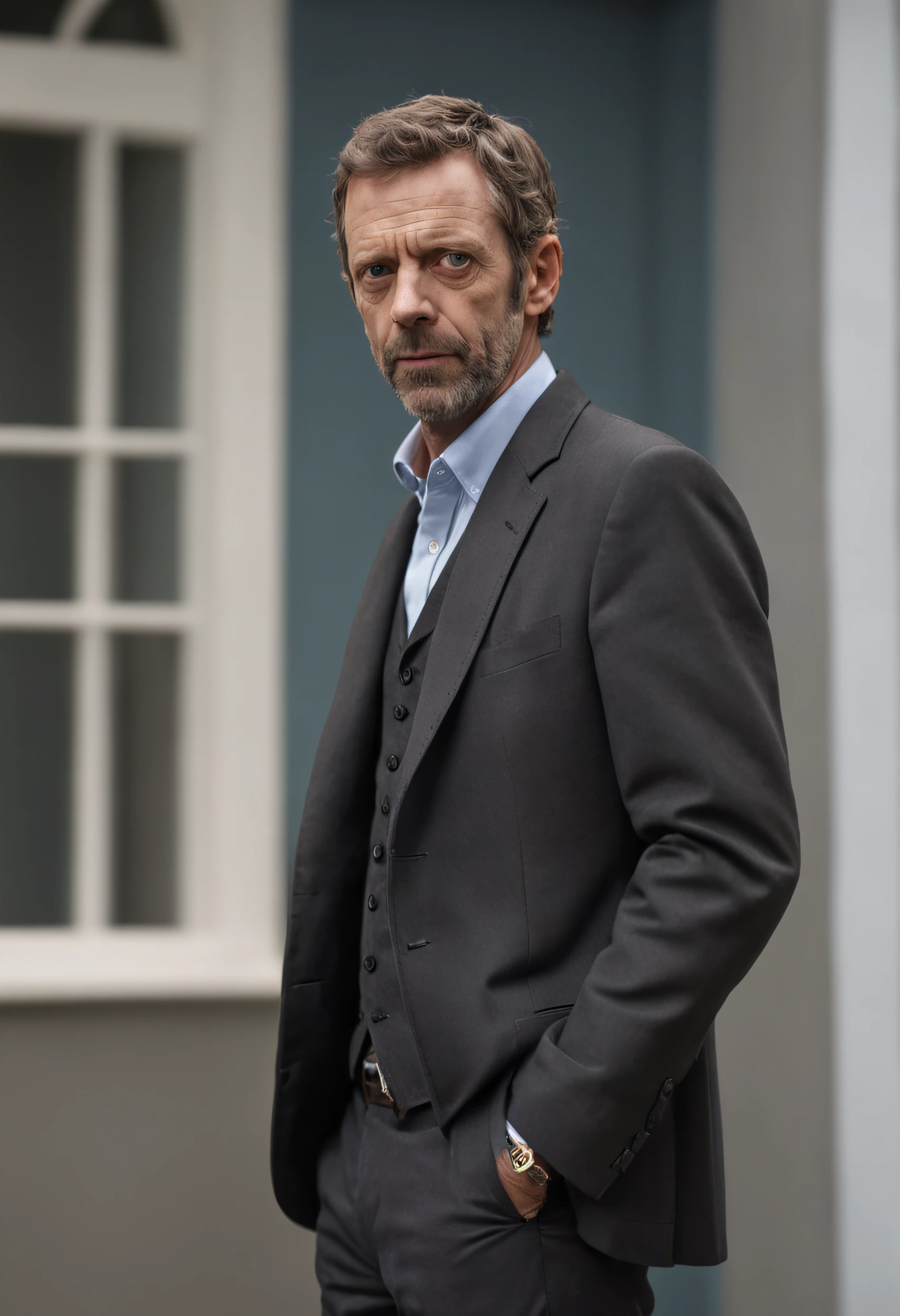 um homem, master part, extremamente detalhado, melhor qualidade, Com trajes terno preto, extremamente detalhado, como Dr. Gregory House. (8k, qualidade superior, melhor qualidade, obra-prima, altamente detalhado: 1.2), (de meio corpo:1.3)