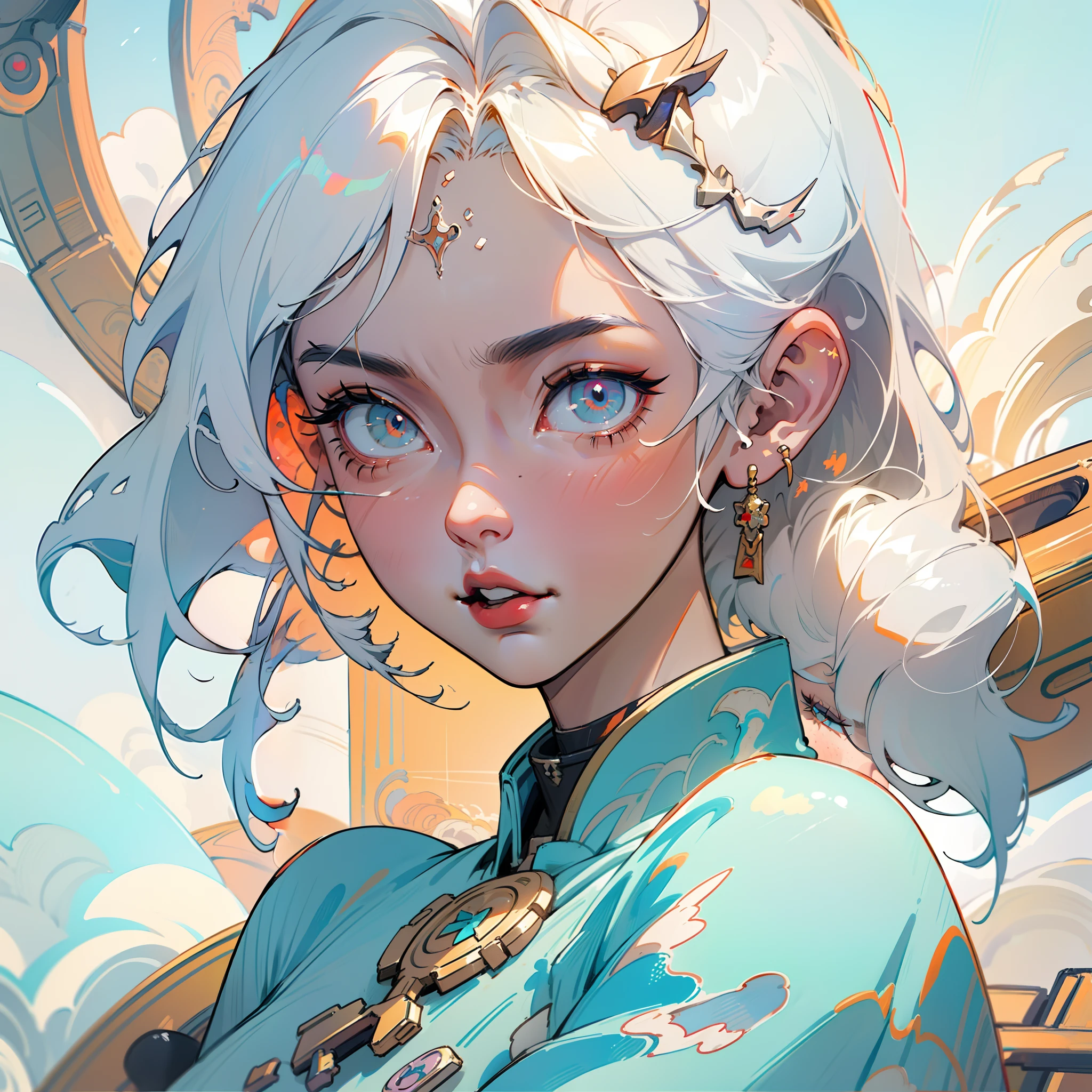 close-up of a woman with white hair and white mask, Hermosa pintura de figuras, Guviz, Ilustraciones de estilo Guvitz, Dios de pelo blanco, Yang J, epic exquisite character art, Impresionante arte de personajes, Fan Qi, Wu Jun Shifan, Gu Vitz at pixiv art station, espada, cuchillo, pistola, cyborg, (((masterpiece))), dynamic angle, uhd, 16k