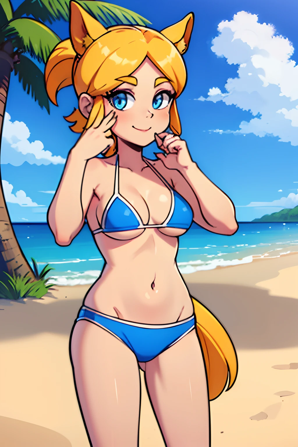 (masterpiece, Best Quality: 1.2), cowboy shot, solo, 1 girl, piper, smile, looking at viewer, (hand on own cheek: 1.2), blonde hair, horse tail, blue bikini, medium boobs, (hip width: 1.2), standing, perfect eyes, blue eyes, beach,