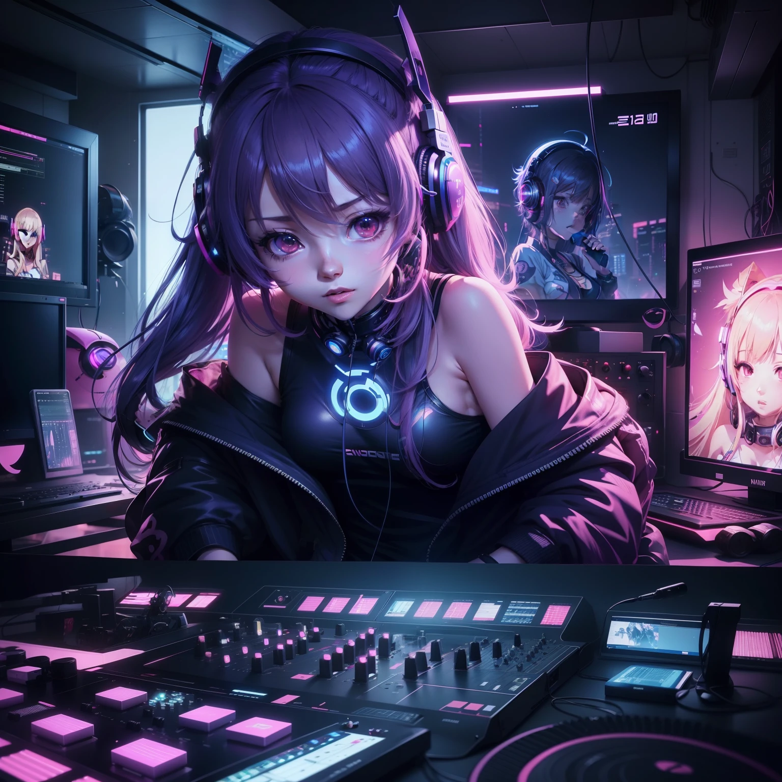 Anime girl with headphones and microphone in recording studio, nightcore, anime style 4 k, best anime 4k konachan wallpaper, anime cyberpunk art, digital cyberpunk - anime art, 4k anime wallpaper, Digital Cyberpunk Anime Art, anime wallpaper 4k, anime wallpaper 4 k, anime art wallpaper 4k, anime art wallpaper 4k, anime vibes