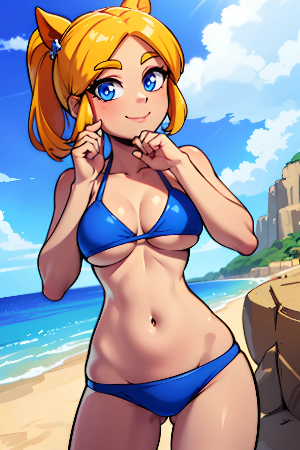 (masterpiece, Best Quality: 1.2), cowboy shot, solo, 1 girl, piper, smile, looking at viewer, (hand on own cheek: 1.2), blonde hair, horse tail, blue bikini, medium boobs, (hip width: 1.2), standing, perfect eyes, blue eyes, beach,