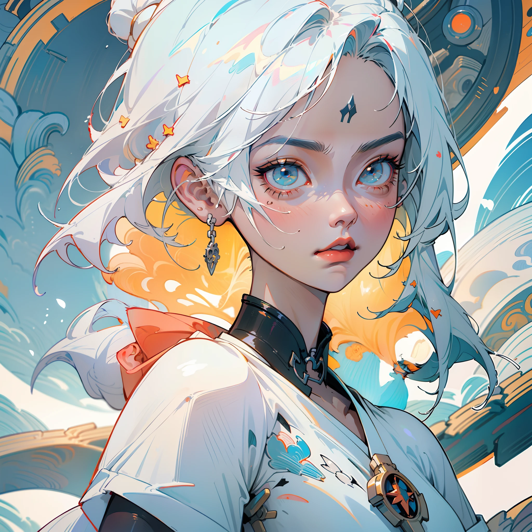 close-up of a woman with white hair and white mask, Hermosa pintura de figuras, Guviz, Ilustraciones de estilo Guvitz, Dios de pelo blanco, Yang J, epic exquisite character art, Impresionante arte de personajes, Fan Qi, Wu Jun Shifan, Gu Vitz at pixiv art station, espada, cuchillo, pistola, cyborg, (((masterpiece))), dynamic angle, uhd, 16k