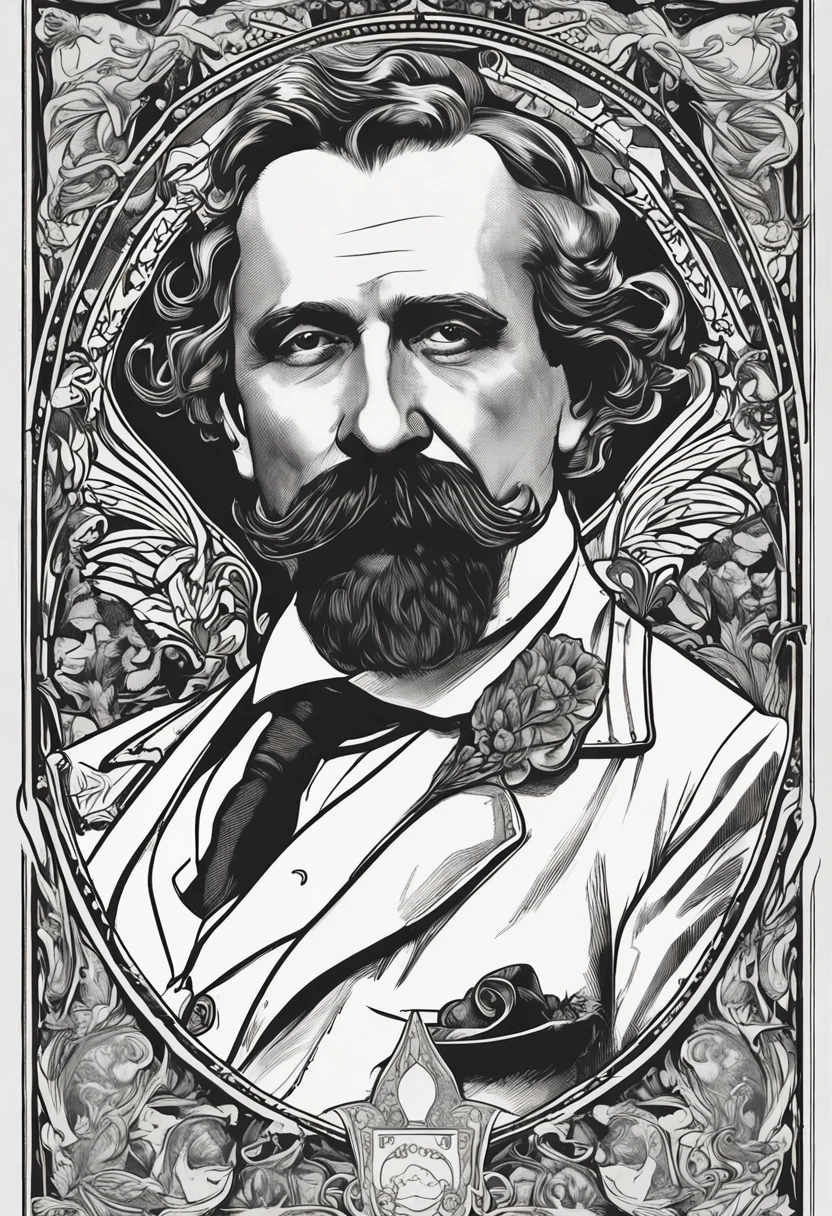 Arafed foto em preto e branco de um homem com bigode, Estilo Taras Shevchenko, Diretor de Arte Alphonse Mucha, Artista Alphonse Mucha, com bigode aparado, he got a big french musctache, Alphonse Mucha Johannes Voss, Surikov, Vladimir Motsar, inspired by Paweł Kluza, Artem Demura Alphonse Mucha