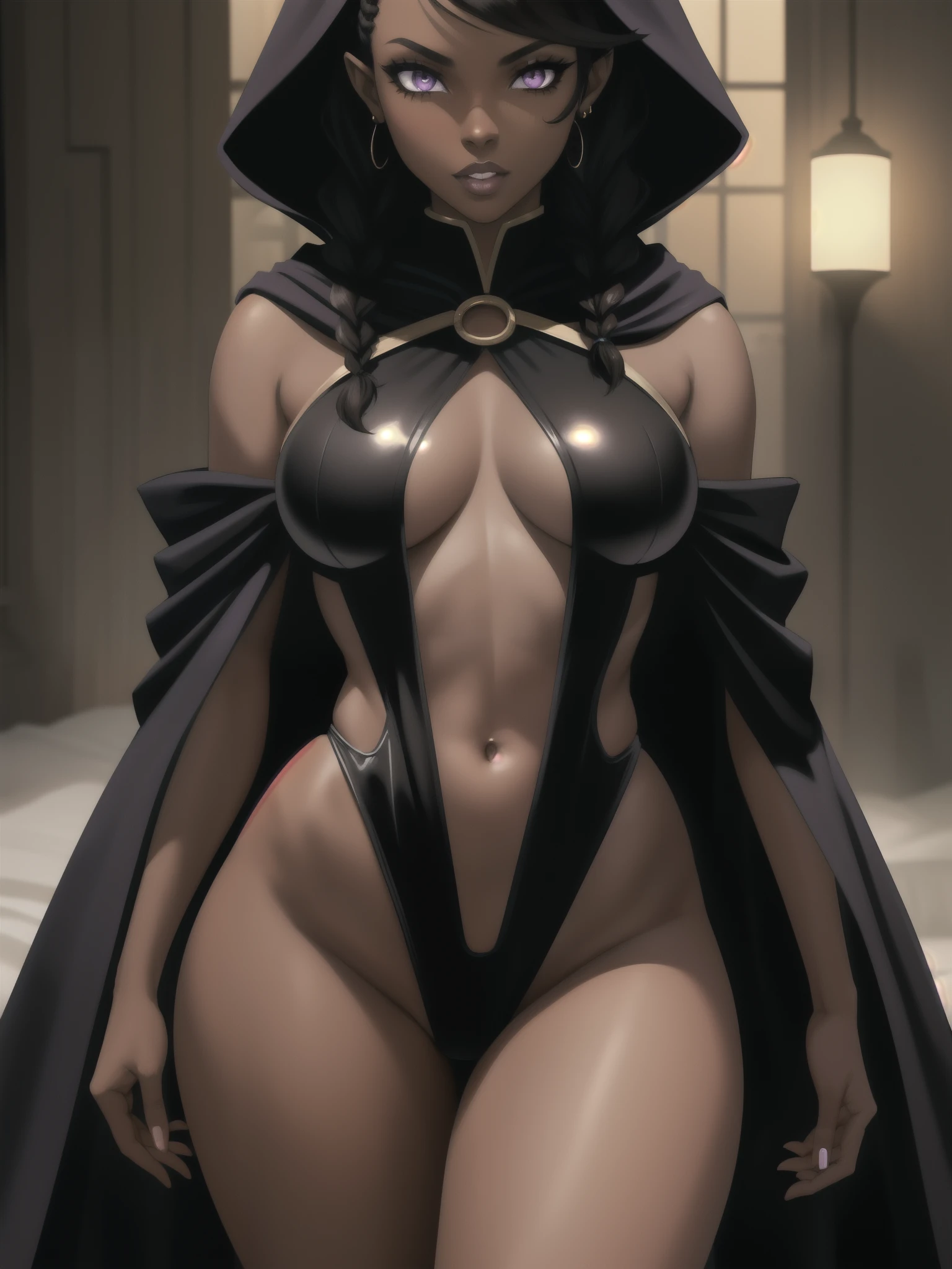 Concept art, Masterpiece, Excellent Quality, 1girl, solo, complex details, color diffusion, close-up shot, African-American female, dark-skinned female, brown skin, thighs and hips, cat ears, black hair, dark hair, braids, purple eyes, amazon attire, epic attire, cloak, cloaked, badass, lust demon, Super Villain, Sci-Fi, Fantasy