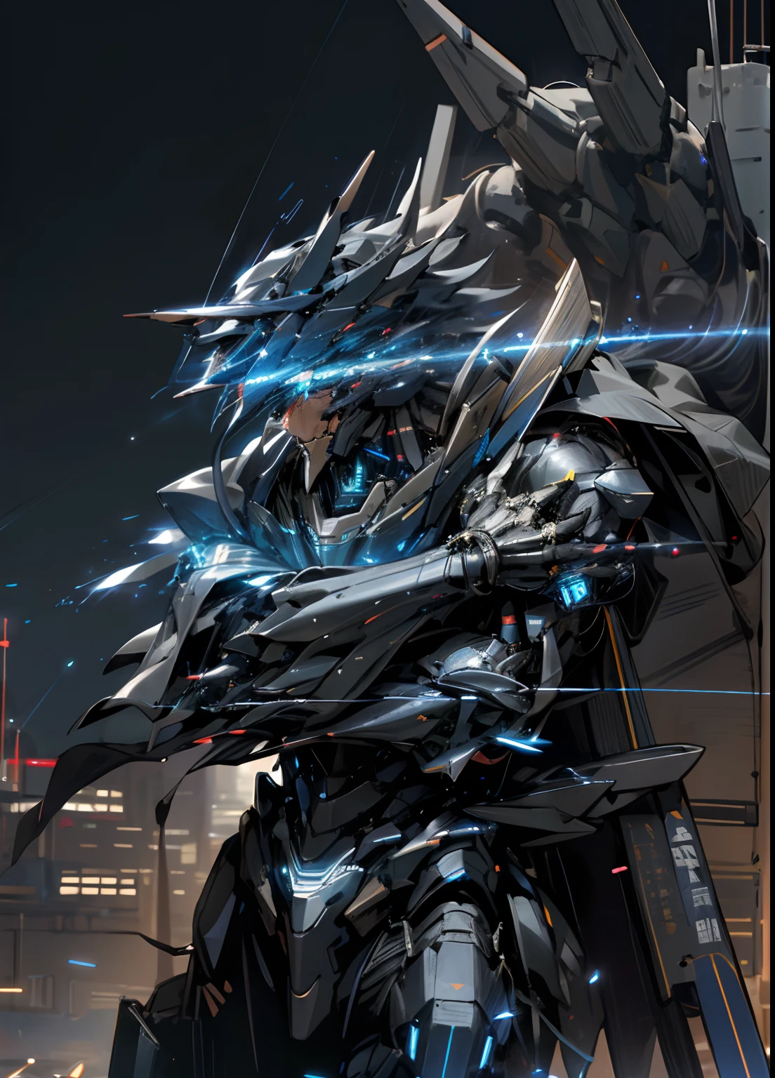 during the day, Skysky, Holding_arma, No_The human, Shines, , deep blue_droid, Cool robot, built, glowing_eyes, mechs, scienc_fiction, city nigth, realisitic,mechs,s Armor（darkblue）, Shines_Eyes
