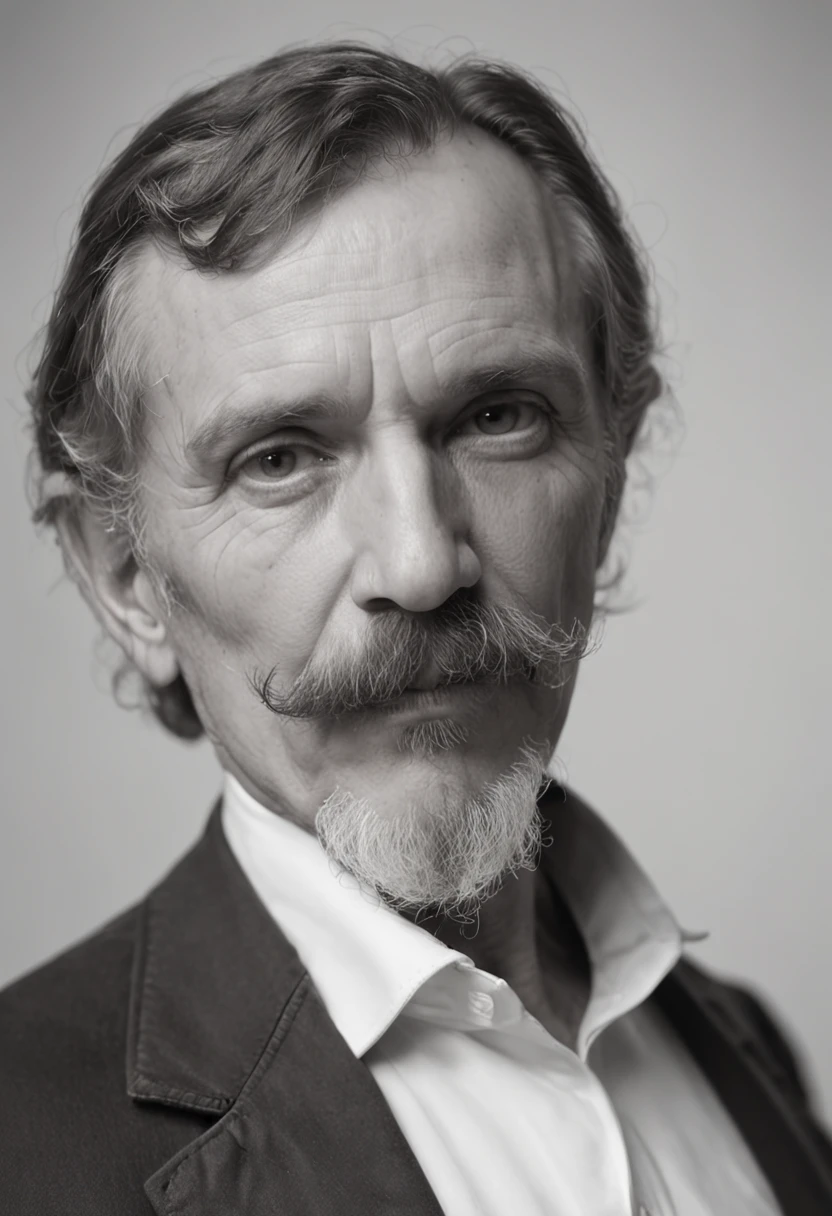 Arafed foto em preto e branco de um homem com bigode, Estilo Taras Shevchenko, Diretor de Arte Alphonse Mucha, Artista Alphonse Mucha, com bigode aparado, he got a big french musctache, Alphonse Mucha Johannes Voss, Surikov, Vladimir Motsar, inspired by Paweł Kluza, Artem Demura Alphonse Mucha