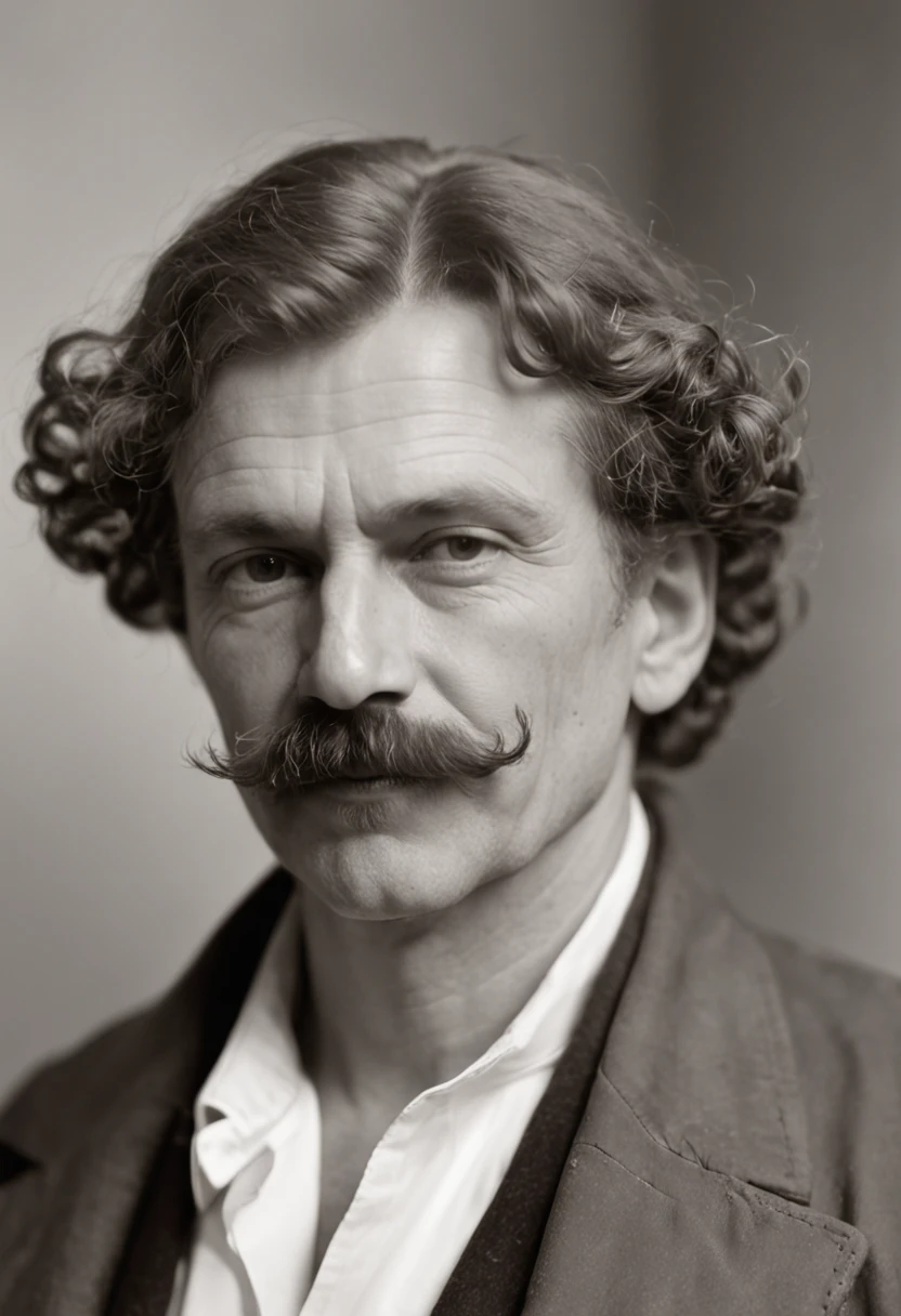 Arafed foto em preto e branco de um homem com bigode, Estilo Taras Shevchenko, Diretor de Arte Alphonse Mucha, Artista Alphonse Mucha, com bigode aparado, he got a big french musctache, Alphonse Mucha Johannes Voss, Surikov, Vladimir Motsar, inspired by Paweł Kluza, Artem Demura Alphonse Mucha