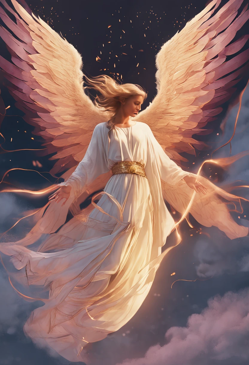 A guardian angel with majestic wings, lovingly enveloping someone with his heavenly robe