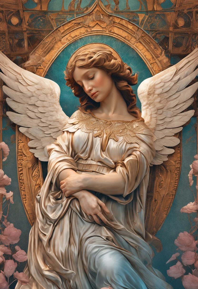 A guardian angel with majestic wings, lovingly enveloping someone with his heavenly robe