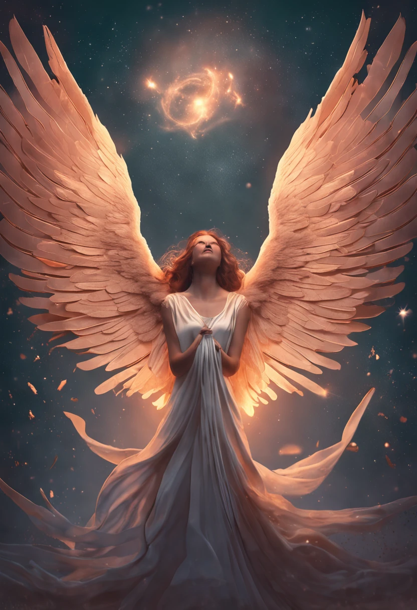 A guardian angel with majestic wings, lovingly enveloping someone with his heavenly robe