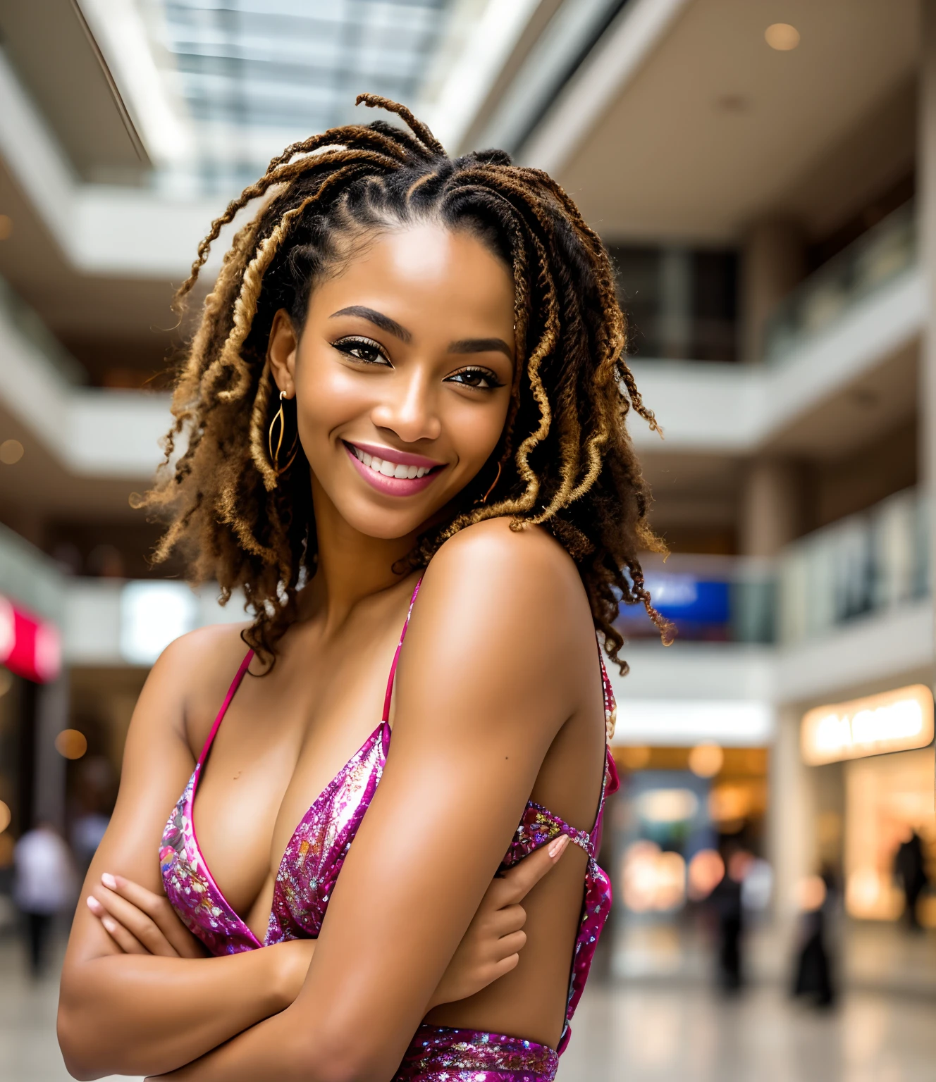 masterpiece lewd posing of a beautiful blushing (girl:1.2), Smiling, Senegalese twists hairstyle, Interior Design, by Daniel F Gerhartz and eytan zana, Natural lighting, sparkling eyes, inside a shopping mall detailed, vivid, Hyper minimalist, (shallow depth of field, bokeh:0.4)