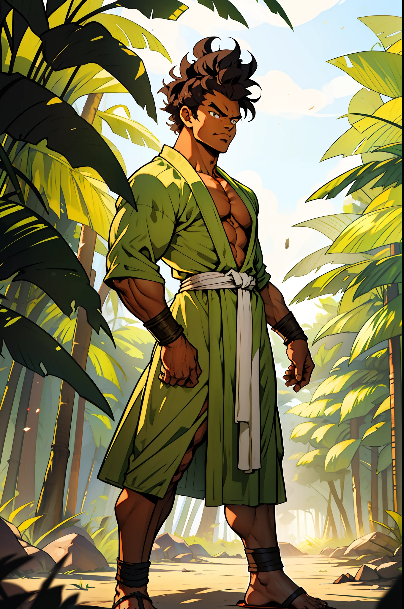 Khmer man warrior, full body to toes and feet, dark brown tanned, street fighter, random boxing pose, tall, buff, muscular round lip standing out, short curly afro-hairstyle, long trench toga robe, (wearing all forest green stripe), wearing brown sandals, white background,