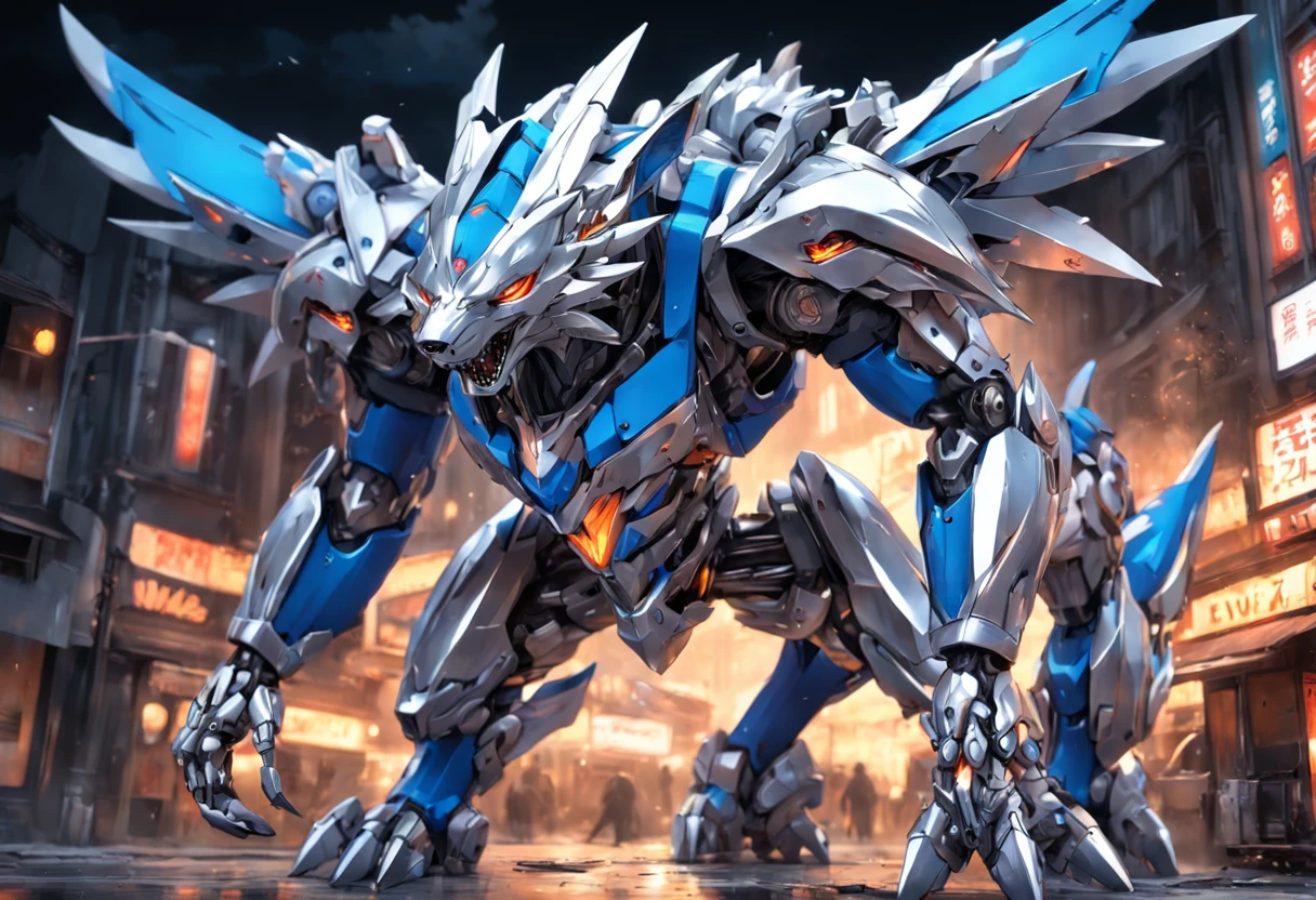 Silver-blue mecha wolf sculpture，Mechanical skin，Crawling attack stance，Silver mechanical articulated wing detailing，Explosive effect，Load weapon knives，tentaculata，Wallpapers of the highest quality，