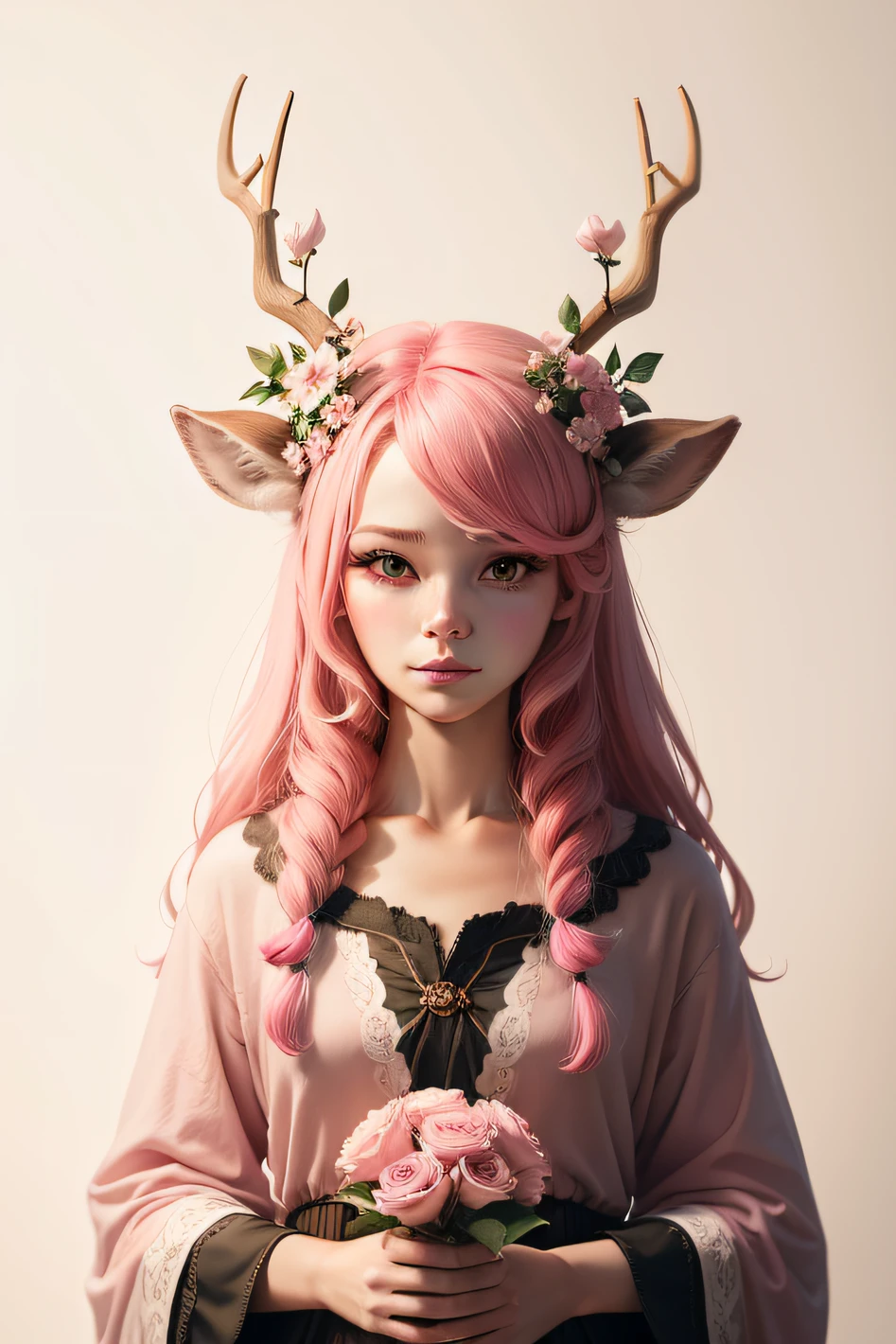 A deer+Pink hair+There are flowers on the antlers,Top image quality,Plain white background