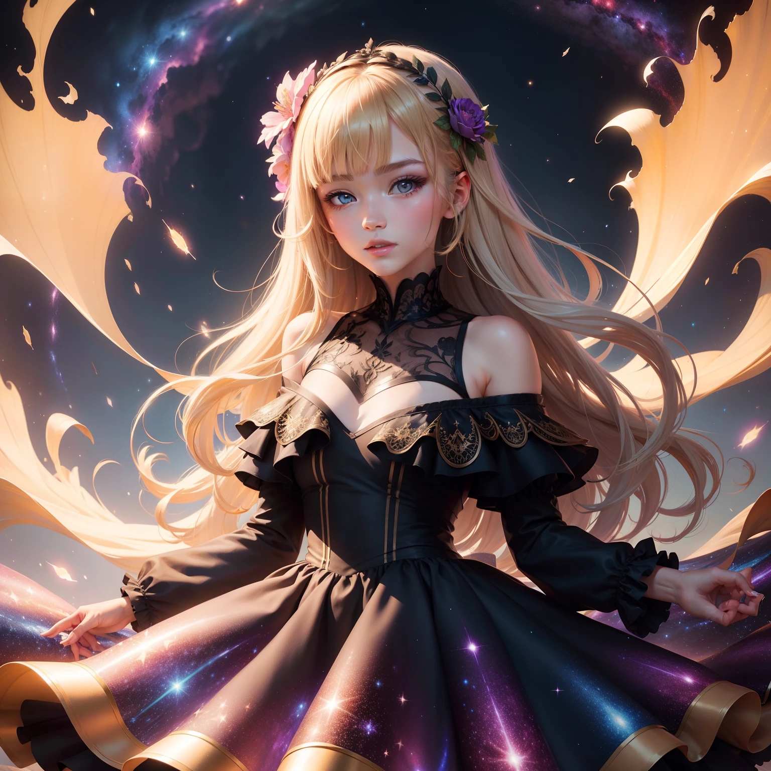 (best quality, masterpiece), 1girl, galaxy, glitter, dress, particle, wind, flower, upper body, dark simple background, looking at viewer, blonde,