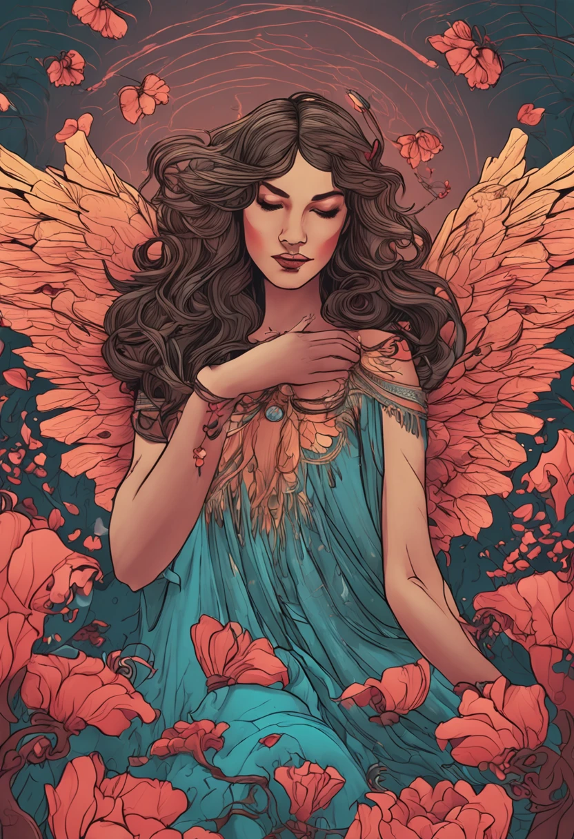 Um anjo detalhado com asas majestosas, lovingly enveloping someone with his heavenly robe