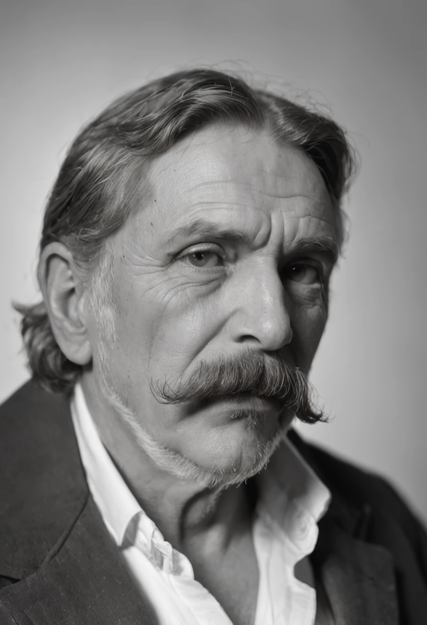 Arafed foto em preto e BranCo de um homem Com Bigode, Estilo Taras Shevchenko, Diretor de Arte Alphonse Mucha, Artista Alphonse Mucha, com bigode aparado, he got a big french musctache, Alphonse Mucha Johannes Voss, Surikov, Vladimir Motsar, inspired by Paweł Kluza, Artem Demura Alphonse Mucha