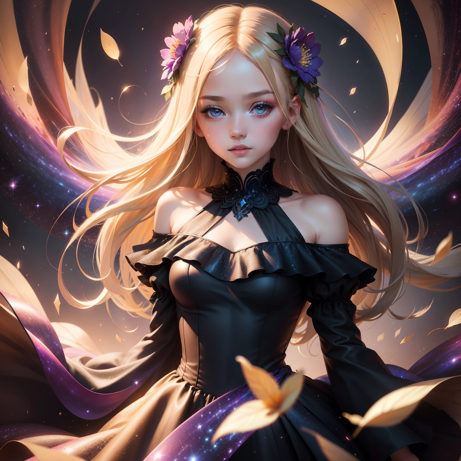 (best quality, masterpiece), 1girl, galaxy, glitter, dress, particle, wind, flower, upper body, dark simple background, looking at viewer, blonde,