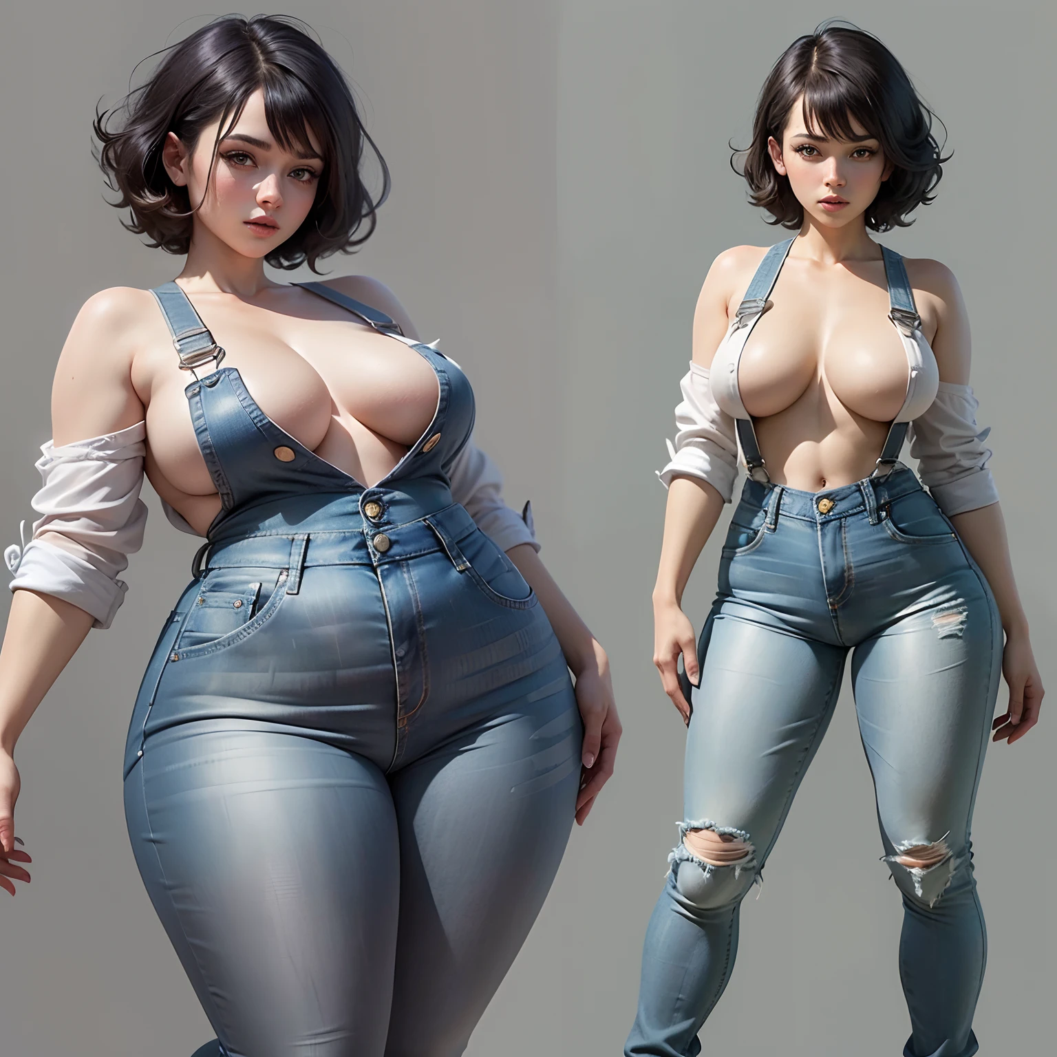 1 voluptuous woman, short black hair, hairstyle pixie, eyes, environment change scene, Female, wearing tight "jeans overalls" "without shirt", uncovered shoulders, (simple background, white background: 1.3), illustration, ((masterpiece)), (((best quality))), UHD, highres, 8k, best quality, high details, anatomically correct, full body