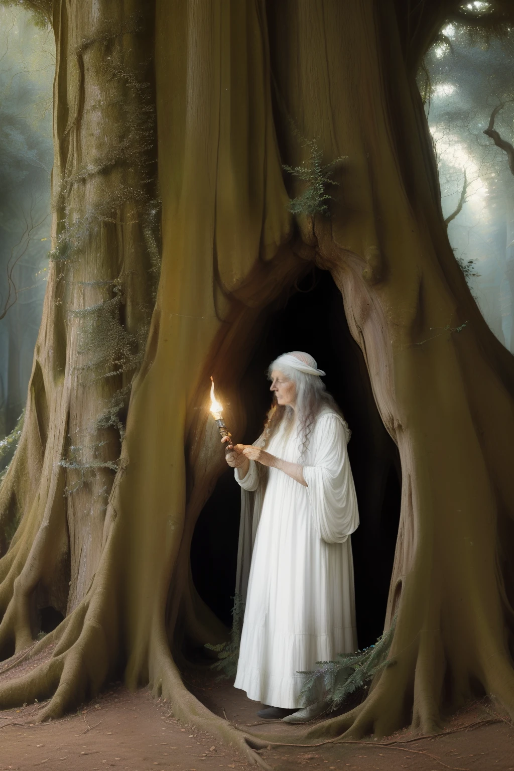 (((Pre-Raphaelite painting of an old druid, grandma, dressed in white with a torch in hand in the hollow of an old yew tree,paisagem celta)))