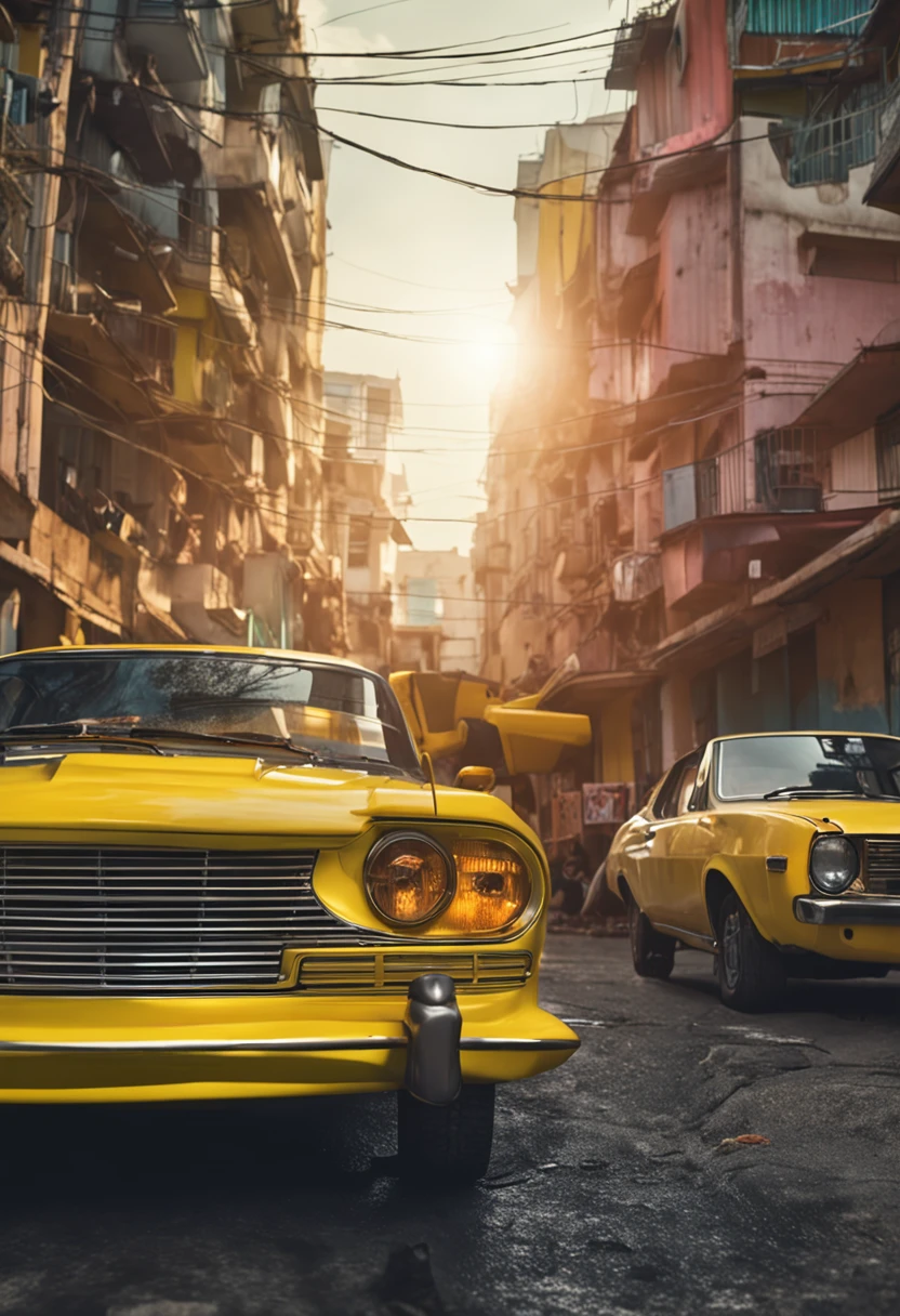 Um carro esportivo amarelo, na cidade