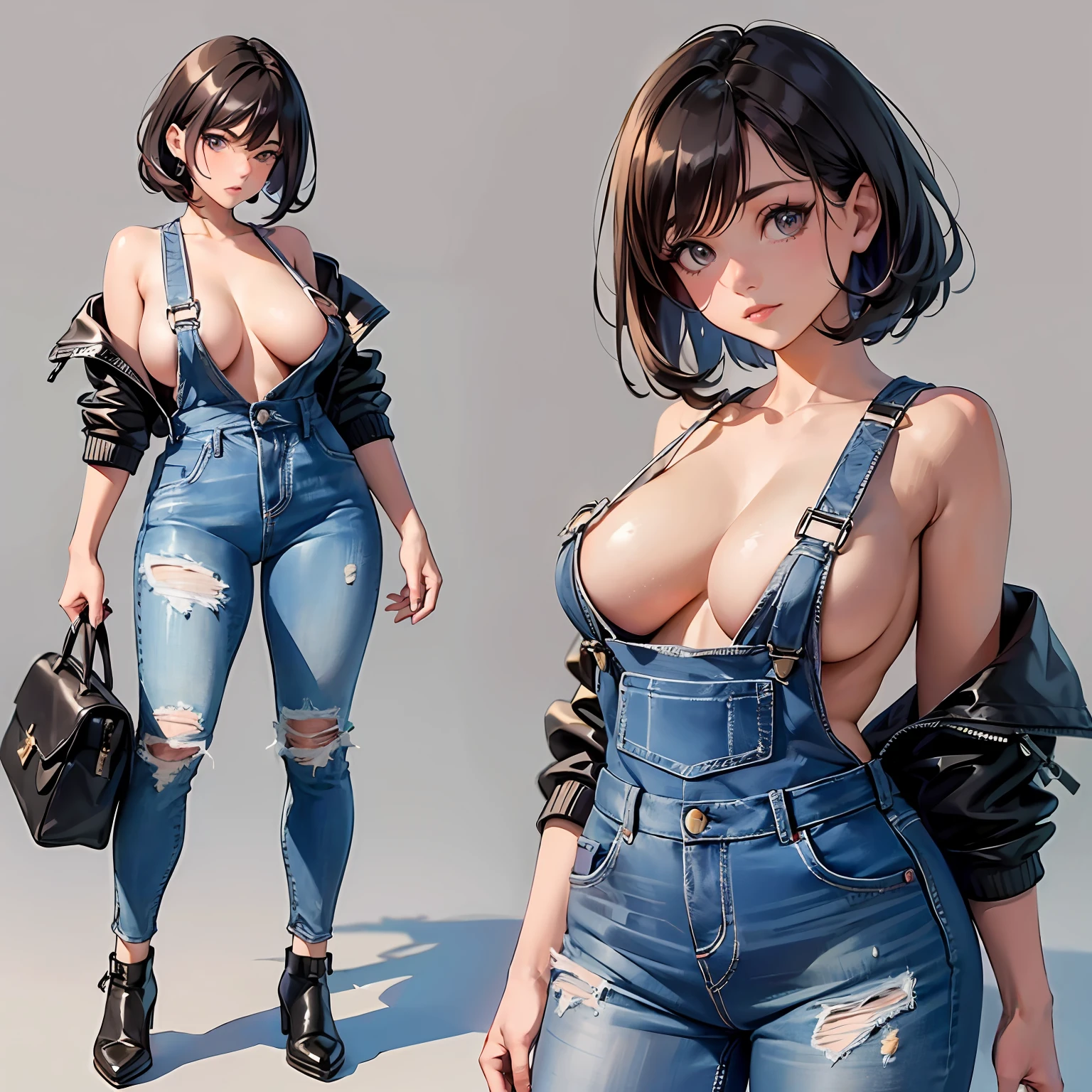 1 voluptuous woman (Sarah Hyland), short black hair, hairstyle pixie, eyes, environment change scene, Female, wearing only "jeans overalls", "without shirt", uncovered shoulders, (simple background, white background: 1.3), illustration, ((masterpiece)), (((best quality))), UHD, highres, 8k, best quality, high details, anatomically correct, full body