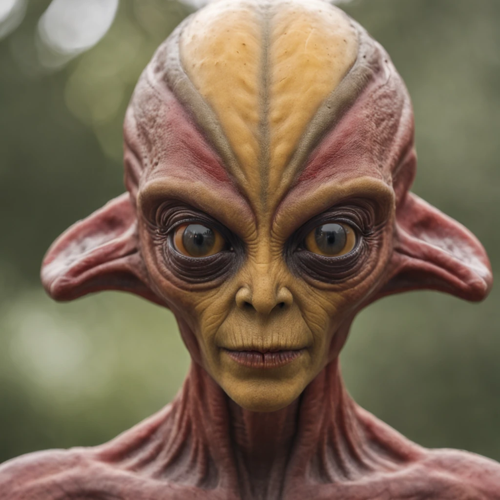 Real image of a friendly realistic extraterrestrial with scary appearance with red and yellow soccer uniform