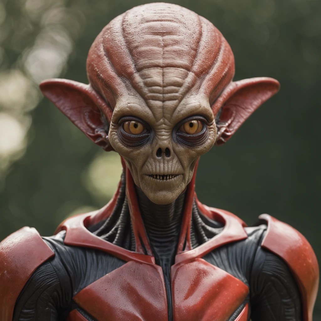 Real image of a friendly realistic extraterrestrial with scary appearance with red and yellow soccer uniform