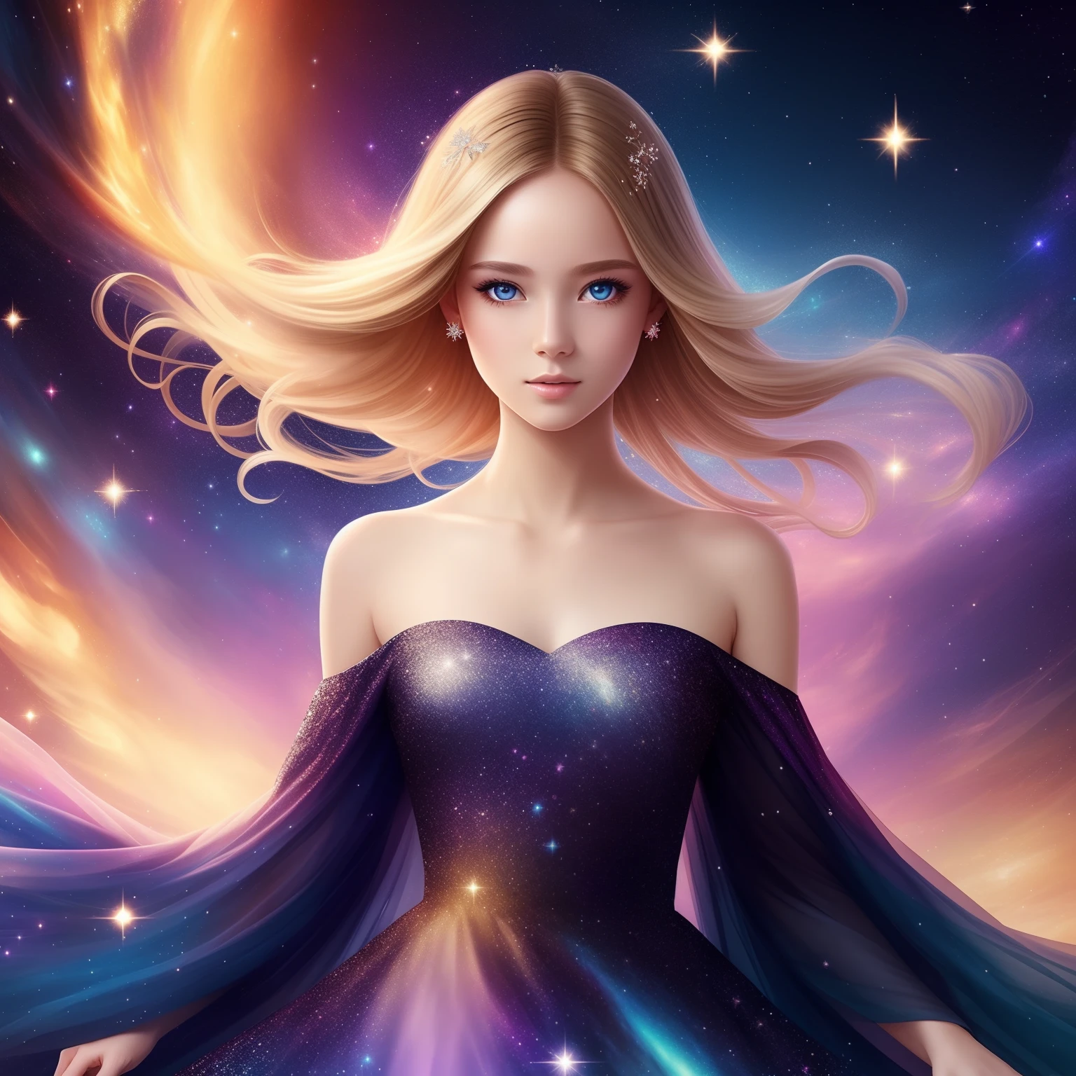 (best quality, masterpiece), 1girl, galaxy, glitter, dress, particle, wind, flower, upper body, dark simple background, looking at viewer, blonde,