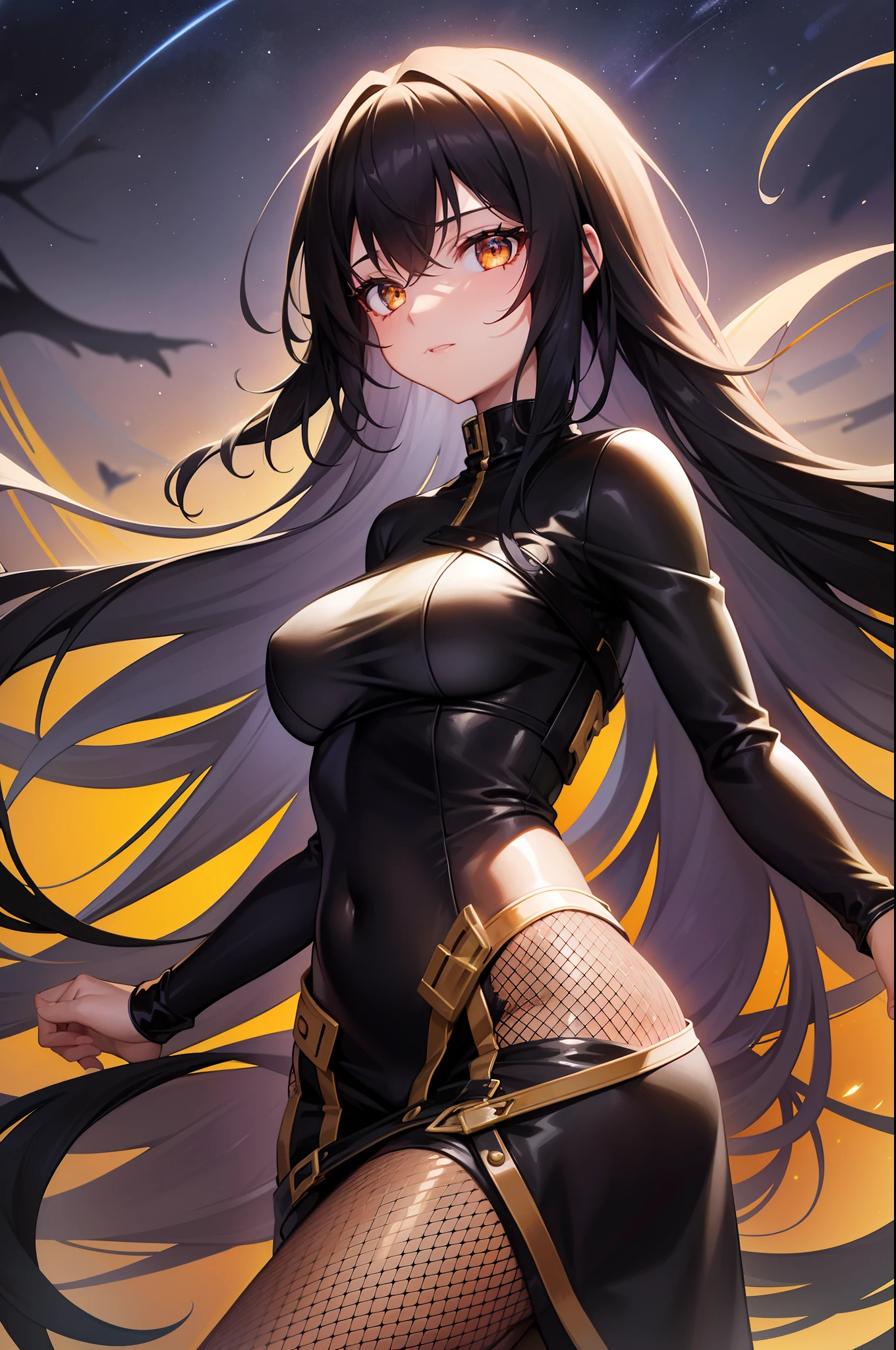 black hair, extremely long hair, yellow eyes, pale skin, muscular, large breasts, thick thighs, angry, black dragon, 1 girl