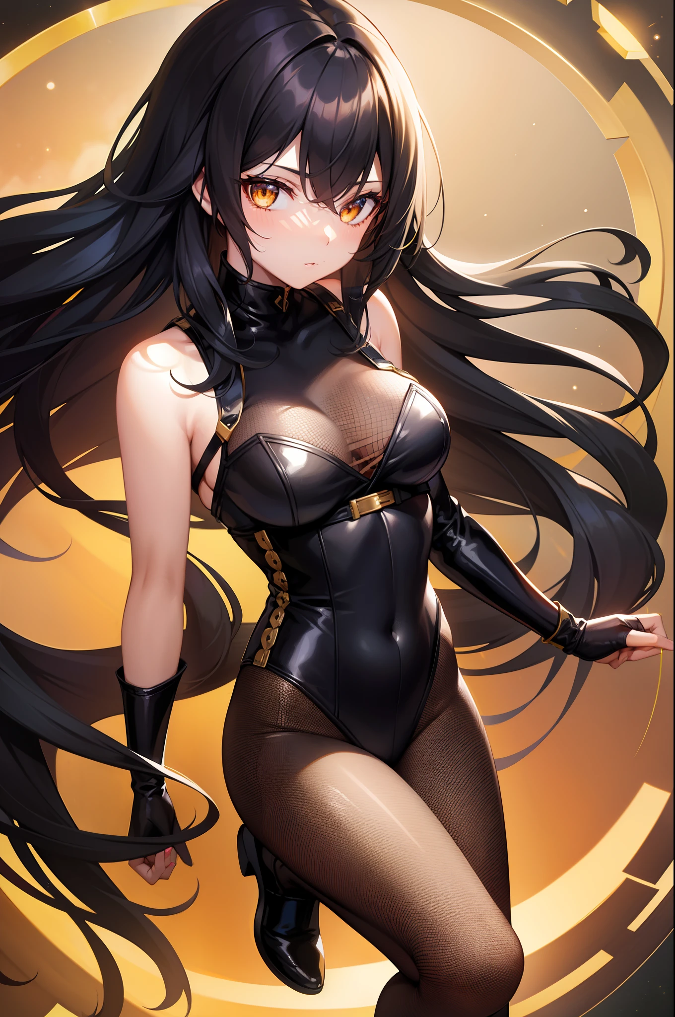 solo, 1girl, female, human, black hair, long hair, golden hair tips, golden eyes, night sky, full portrait, fishnet bodysuit